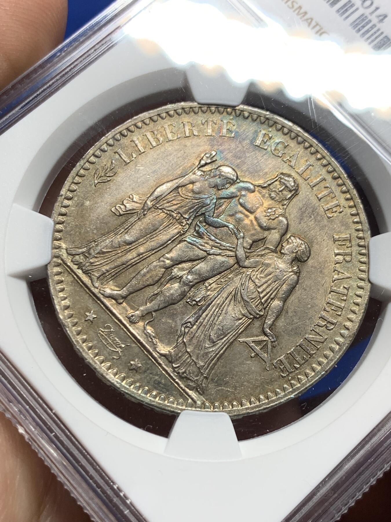 《竞宝斋》第373场 周日，周一，周二 3场连拍 （全场包邮） NGC MS61 法国1876年大力神5法郎银币 深酱彩包浆