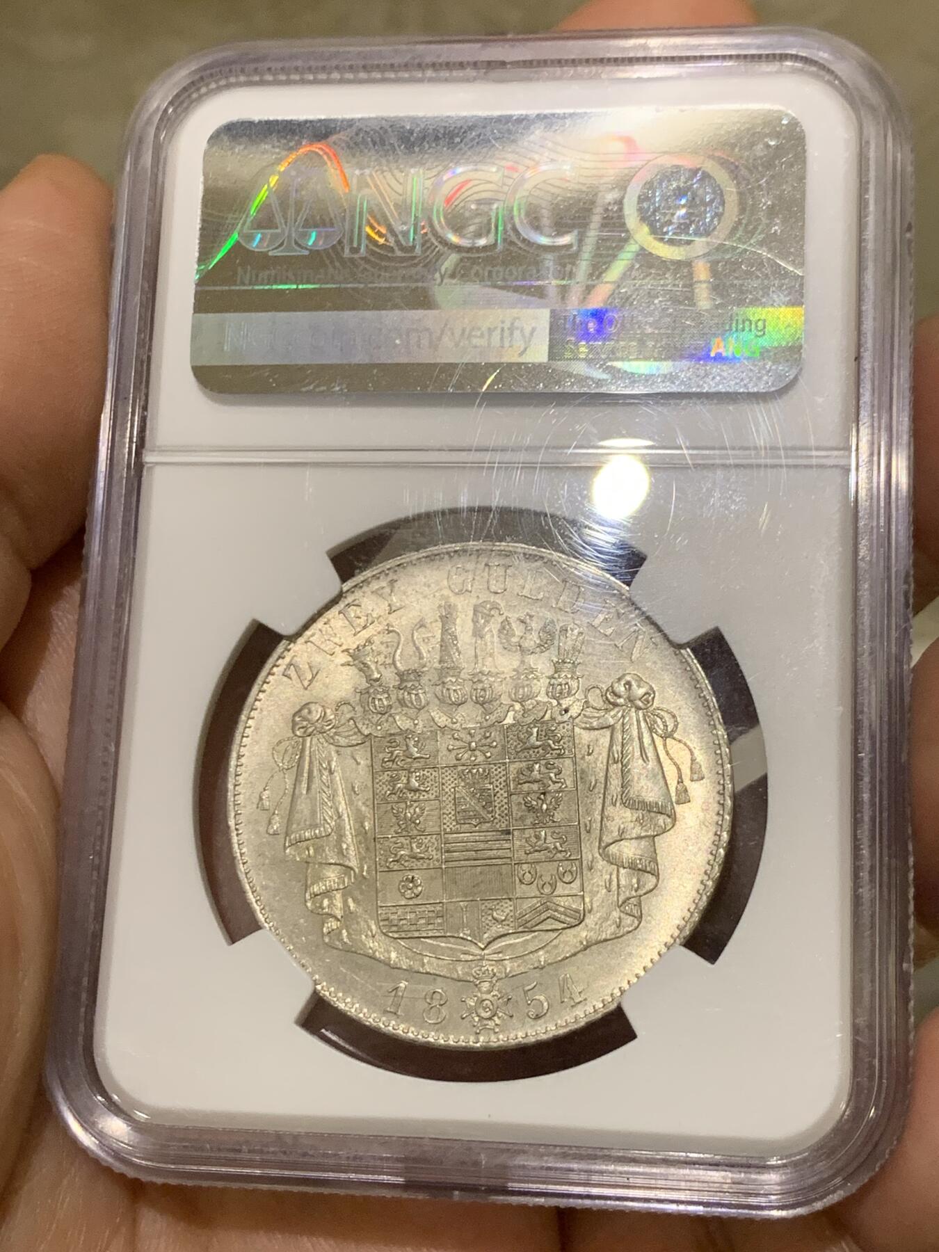 《竞宝斋》第373场 周日，周一，周二 3场连拍 （全场包邮） NGC MS63 德国1854年萨克森梅宁根2盾银币！单一年份，少见好品，原汁原味！