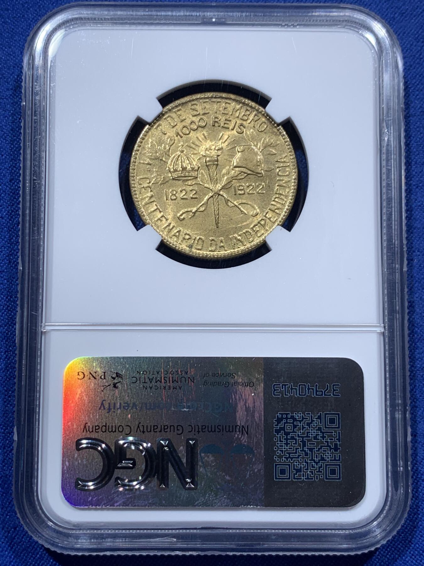 《竞宝斋》第373场 周日，周一，周二 3场连拍 （全场包邮） NGC MS65 巴西1922年1000瑞斯铜币，巴西独立百年纪念币，已属难得高分