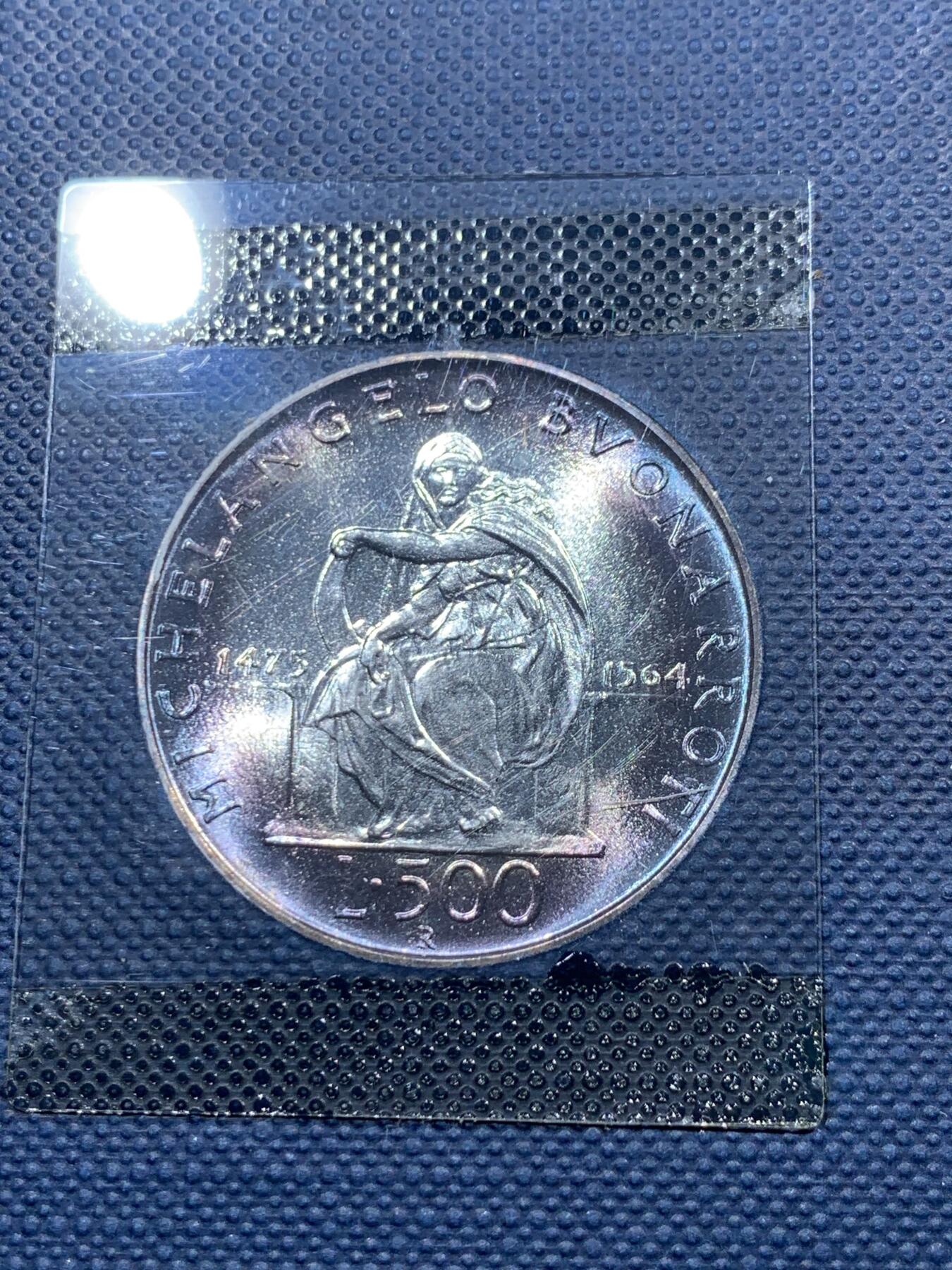 《竞宝斋》第373场 周日，周一，周二 3场连拍 （全场包邮） 卡装 意大利1975年米开朗基罗500里拉银币