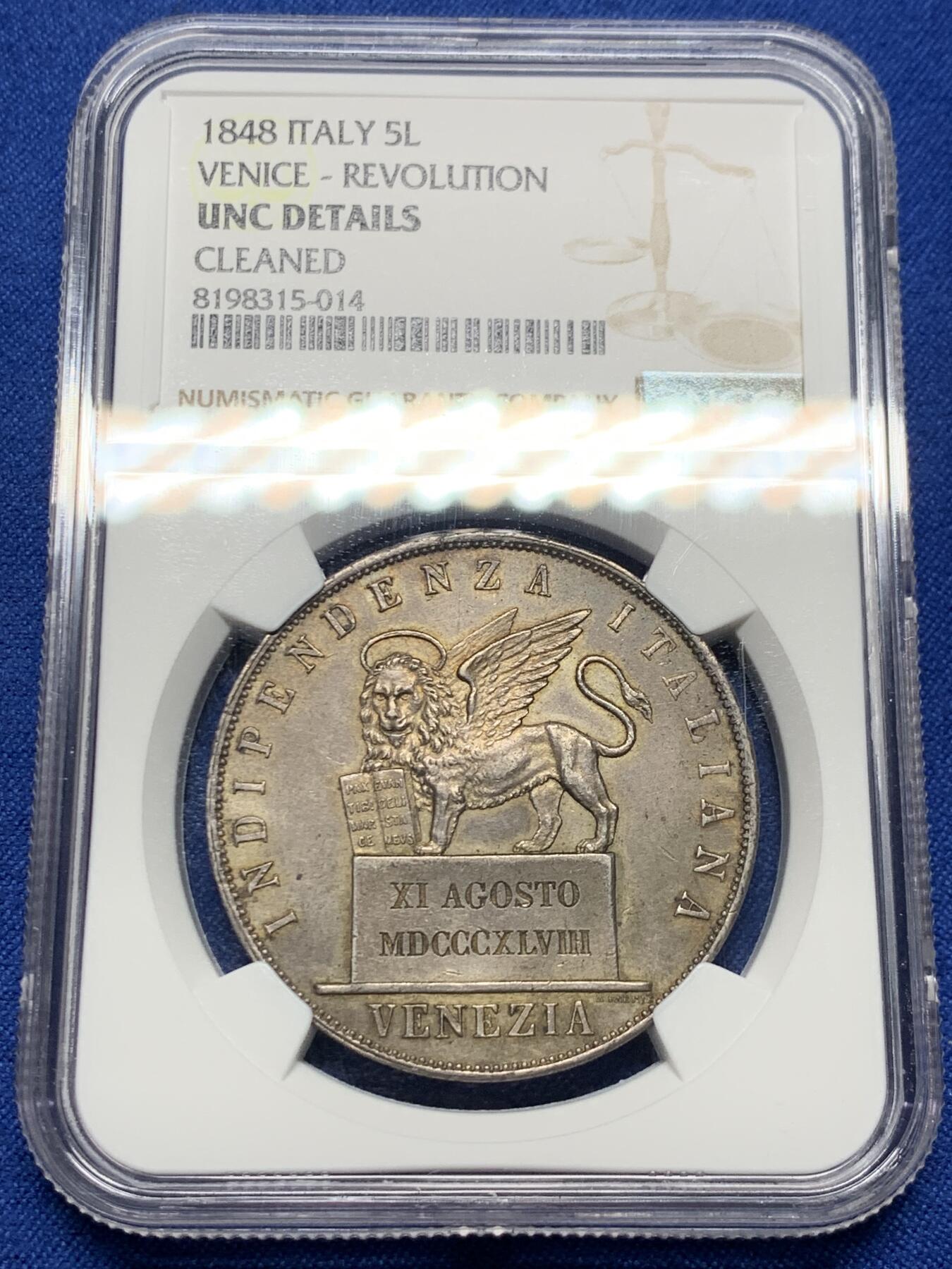 《竞宝斋》第373场 周日，周一，周二 3场连拍 （全场包邮） NGC UNC  意大利 1848年 威尼斯革命临时政府飞狮5里拉 大银币 1.1W枚的发行量 小狮子版本少见