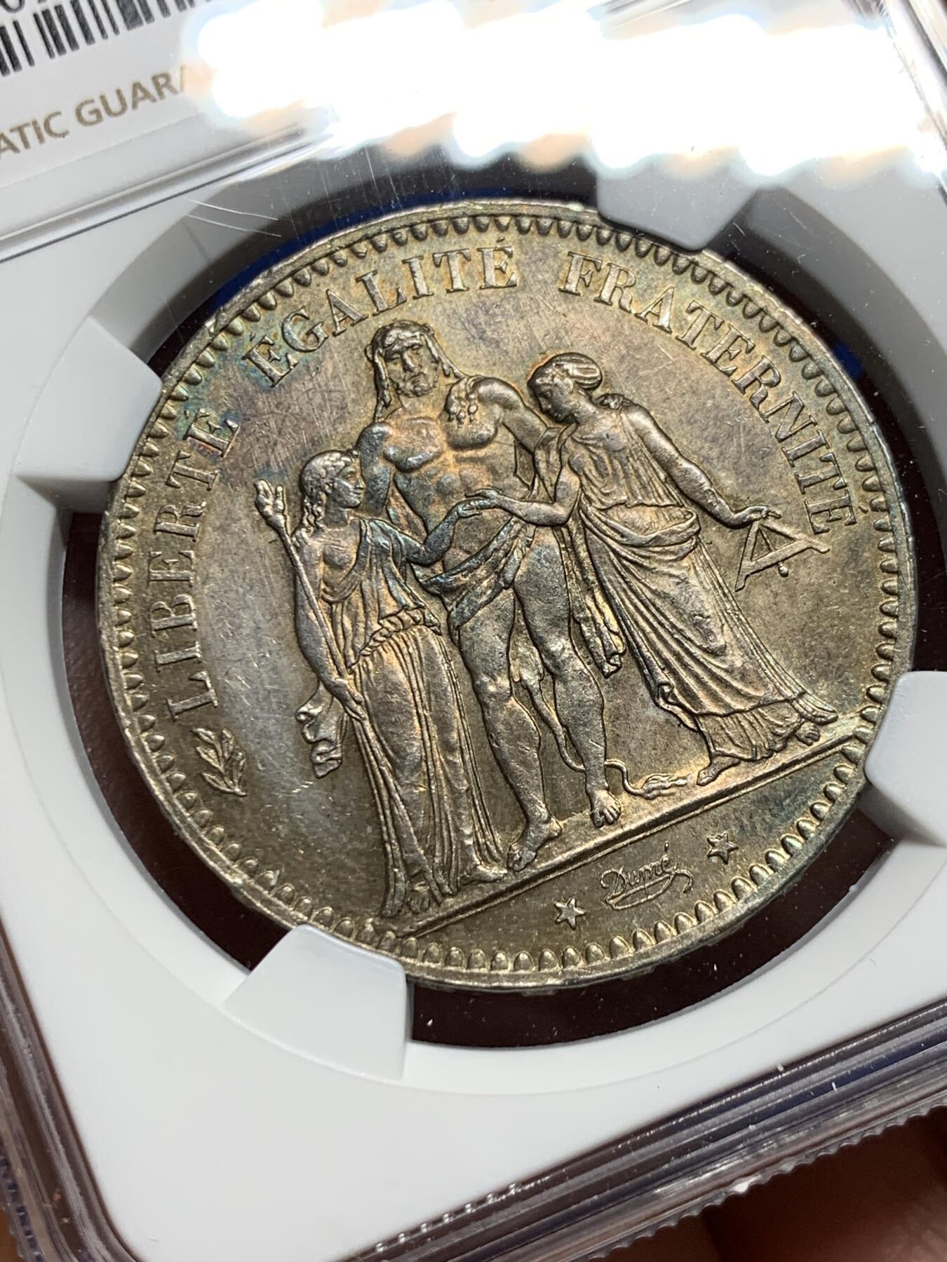 《竞宝斋》第373场 周日，周一，周二 3场连拍 （全场包邮） NGC MS61 法国1876年大力神5法郎银币 深酱彩包浆