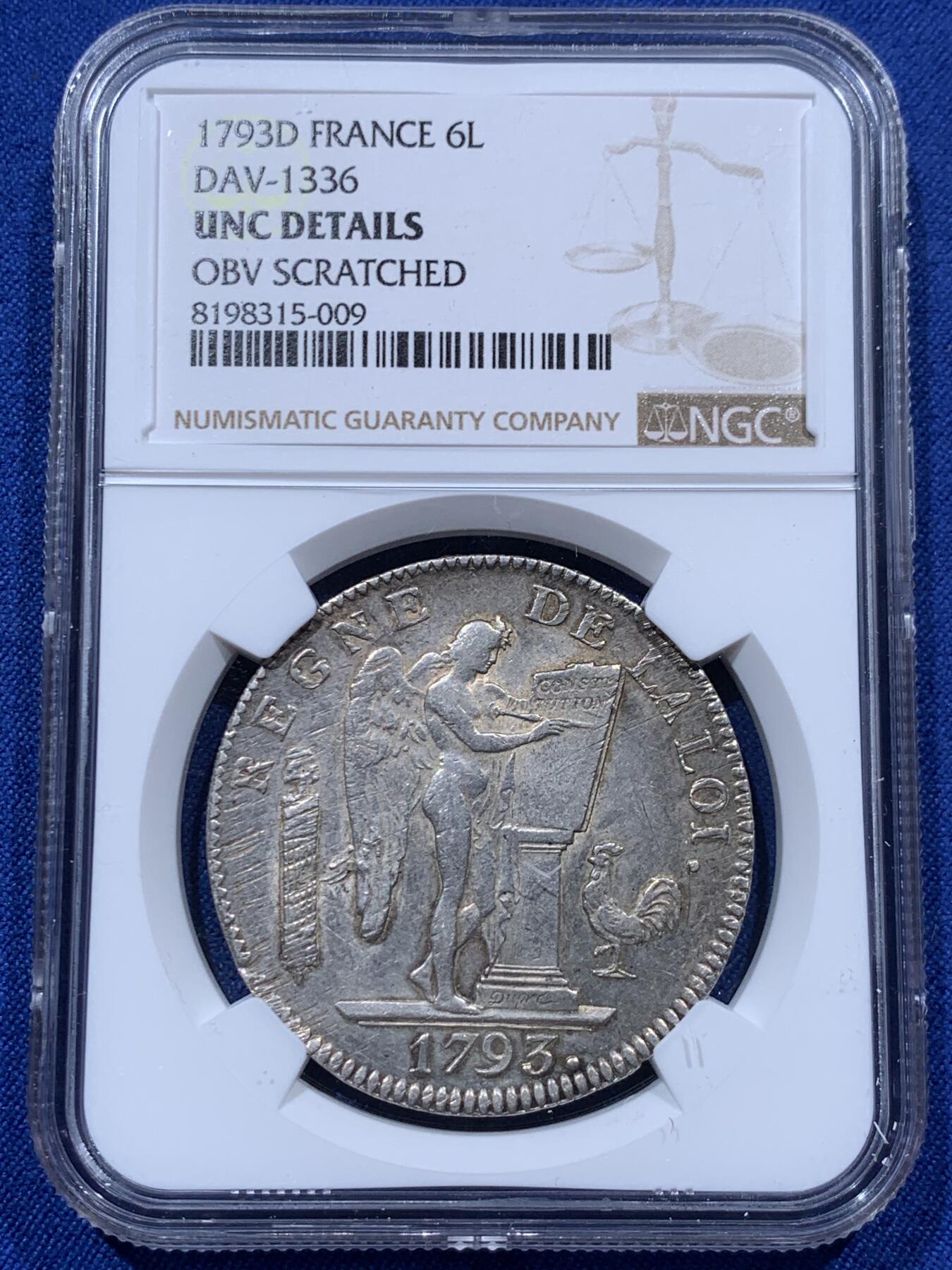 《竞宝斋》第373场 周日，周一，周二 3场连拍 （全场包邮） 热门品种 NGC UNC  法国 1793D版 天使埃居 国民公会时期6里弗尔大银币 打制规整 非常少的版别