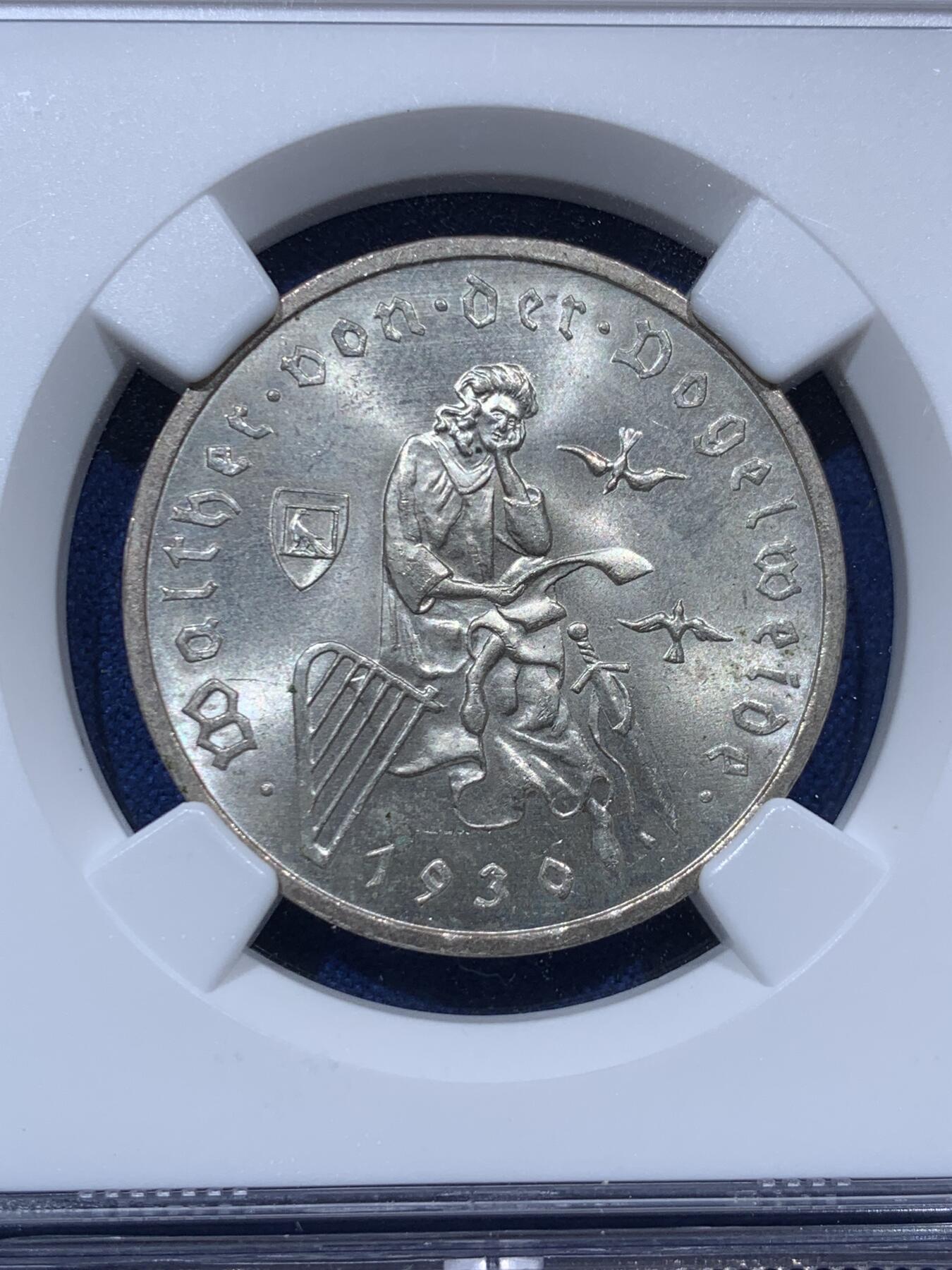 《竞宝斋》第373场 周日，周一，周二 3场连拍 （全场包邮） NGC MS64 德国1930A游吟诗人3马克银币