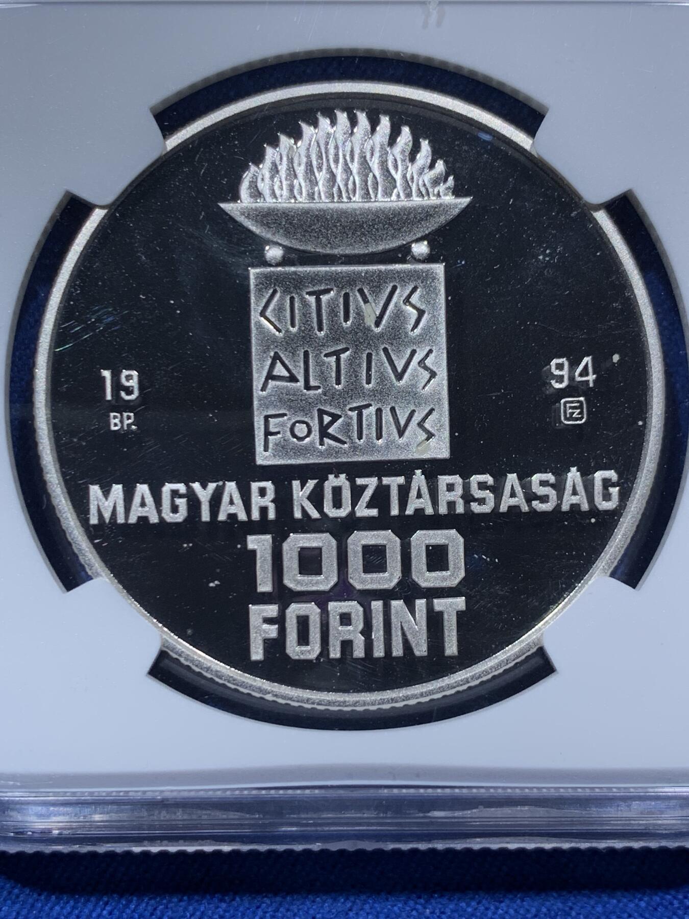 《竞宝斋》第373场 周日，周一，周二 3场连拍 （全场包邮） NGC PF68UC 匈牙利1994BP亚特兰大奥运会游泳1000弗林特精制银币，季军分，更高分仅有4枚