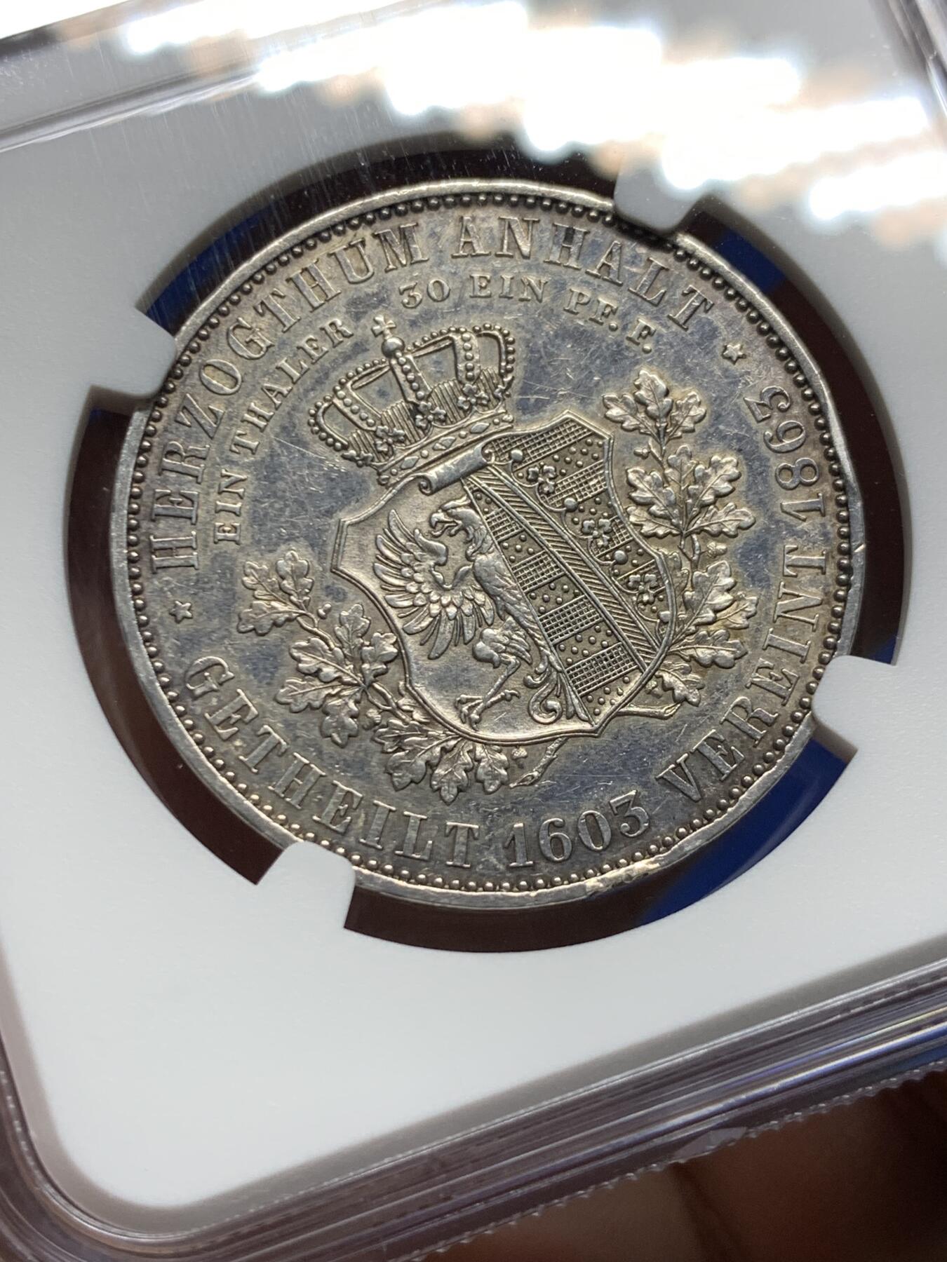 《竞宝斋》第373场 周日，周一，周二 3场连拍 （全场包邮） NGC AUD 德国1863年安哈特-德绍1泰勒银币 铸造用于庆祝安哈特公国重新联合