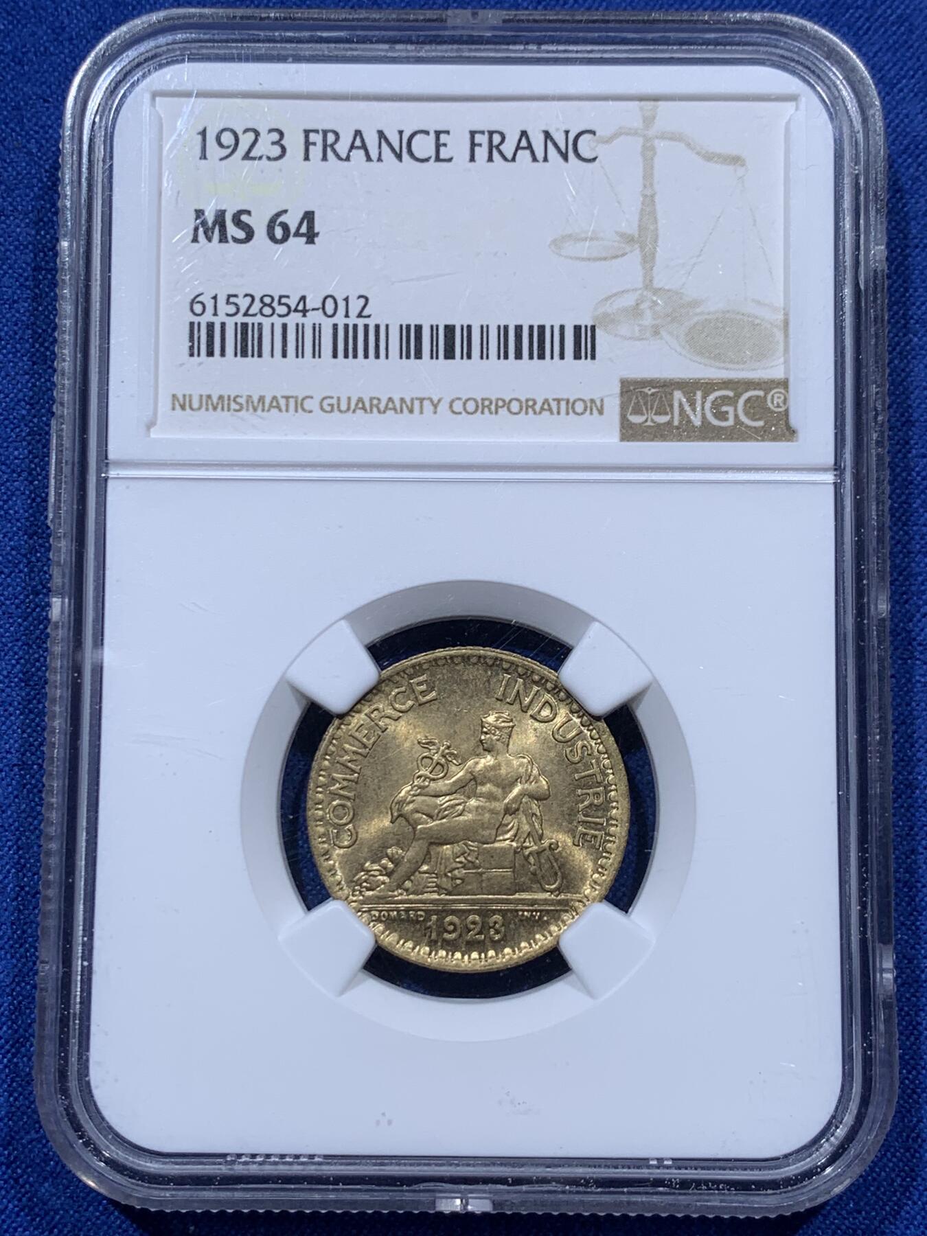 《竞宝斋》第373场 周日，周一，周二 3场连拍 （全场包邮） NGC MS64 法国1923年1法郎铜币