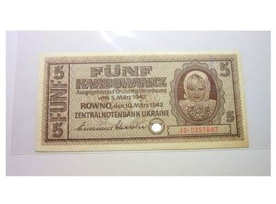 德国第三帝国占乌克兰1942年5卡博瓦内斯（等同5马克） 爽品 - 德国第三帝国占乌克兰1942年5卡博瓦内斯（等同5马克） 爽品