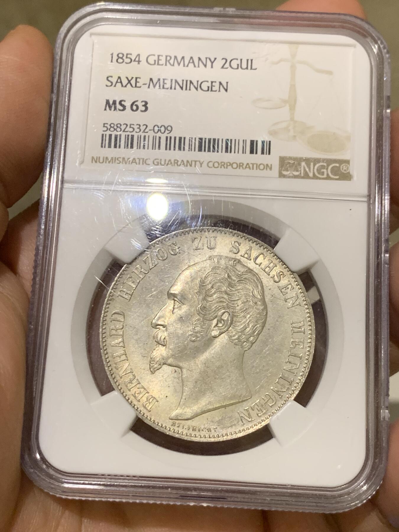 《竞宝斋》第373场 周日，周一，周二 3场连拍 （全场包邮） NGC MS63 德国1854年萨克森梅宁根2盾银币！单一年份，少见好品，原汁原味！