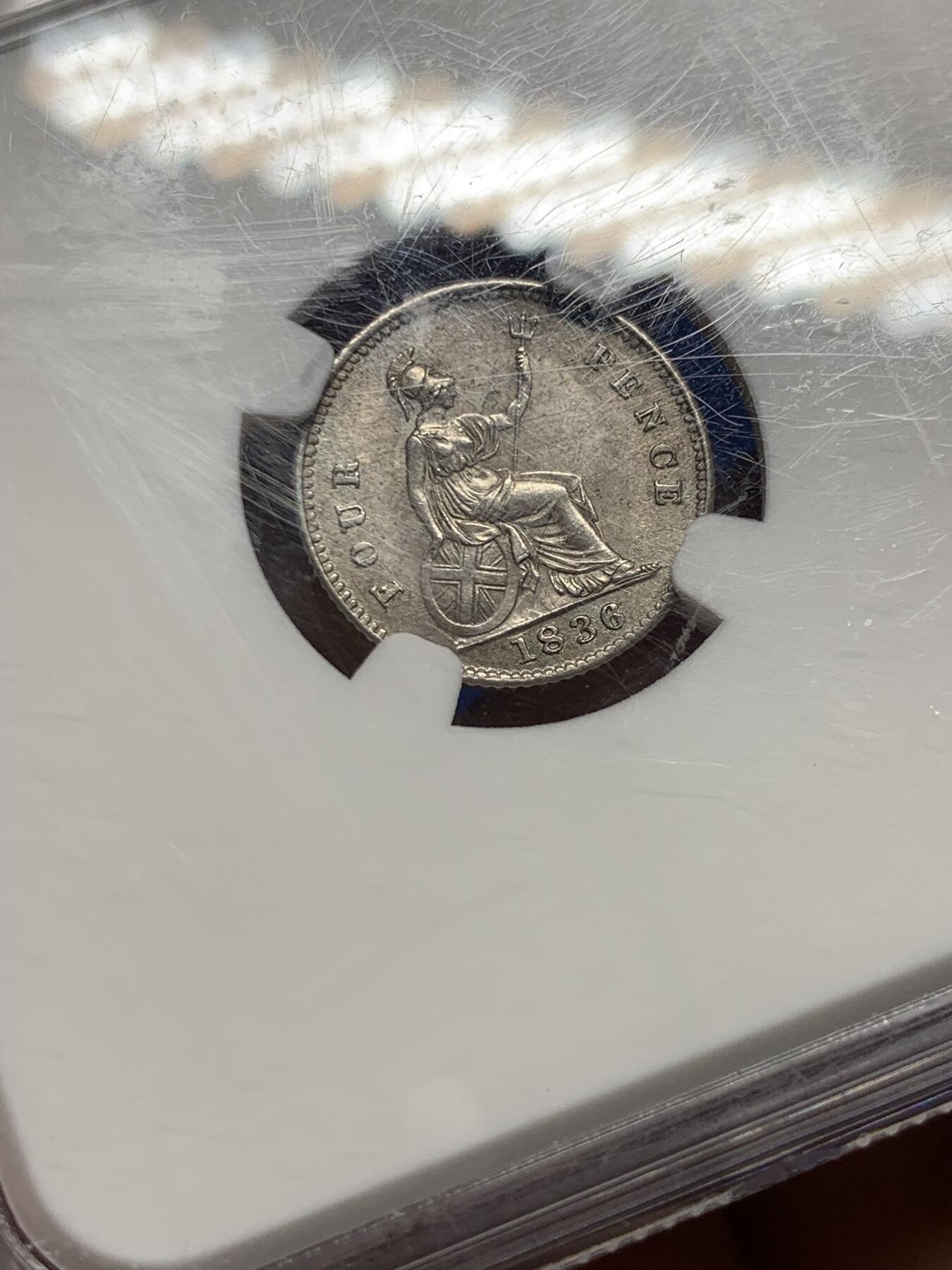 《竞宝斋》第373场 周日，周一，周二 3场连拍 （全场包邮） NGC MS63 英国1836年威廉四世4便士银币