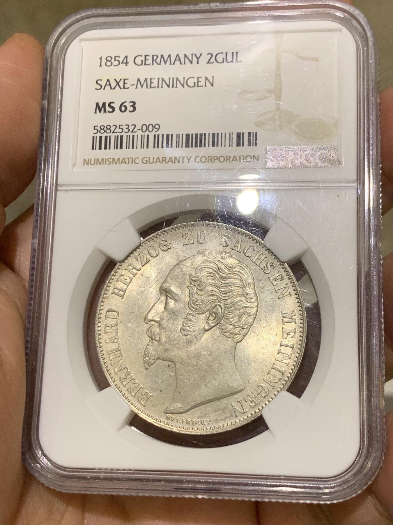 《竞宝斋》第373场 周日，周一，周二 3场连拍 （全场包邮） NGC MS63 德国1854年萨克森梅宁根2盾银币！单一年份，少见好品，原汁原味！
