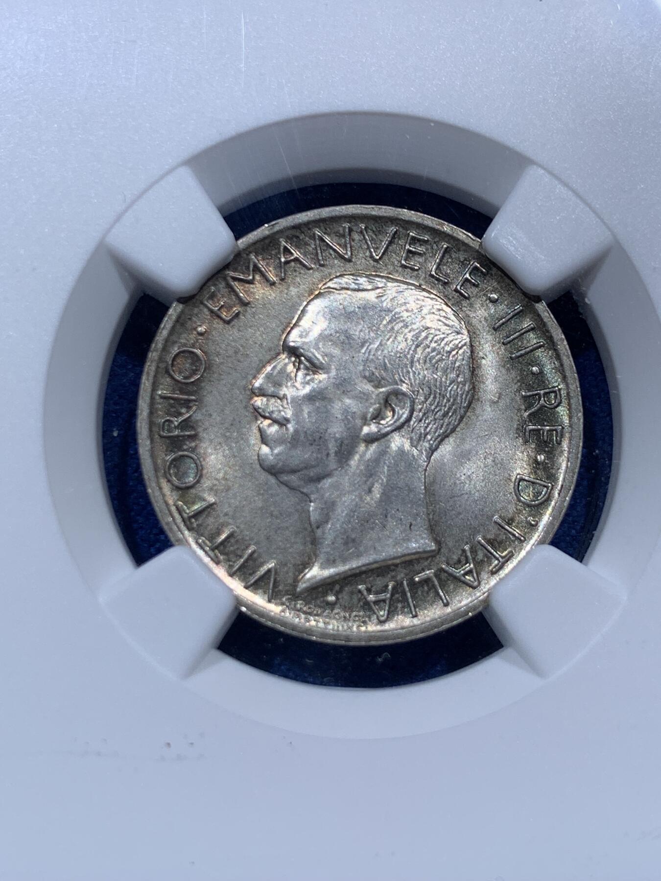 《竞宝斋》第373场 周日，周一，周二 3场连拍 （全场包邮） NGC MS64 意大利1930年埃曼纽尔三世5里拉银币，带漂亮环五彩，光度极佳，好状态。