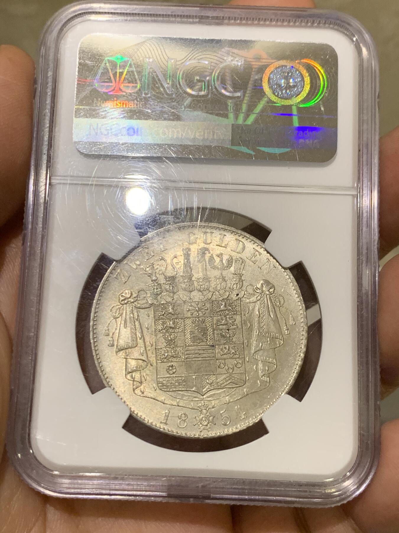 《竞宝斋》第373场 周日，周一，周二 3场连拍 （全场包邮） NGC MS63 德国1854年萨克森梅宁根2盾银币！单一年份，少见好品，原汁原味！