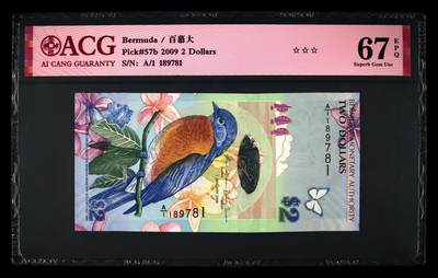 2009年百慕大鸟钞，全球十大精美纸币！爱藏严评67E，三星无斑，号码全程无4！目前全网存世量仅670张！漂亮美丽杠杠的，极具欣赏收藏价值！按图发货！ - 2009年百慕大鸟钞，全球十大精美纸币！爱藏严评67E，三星无斑，号码全程无4！目前全网存世量仅670张！漂亮美丽杠杠的，极具欣赏收藏价值！按图发货！