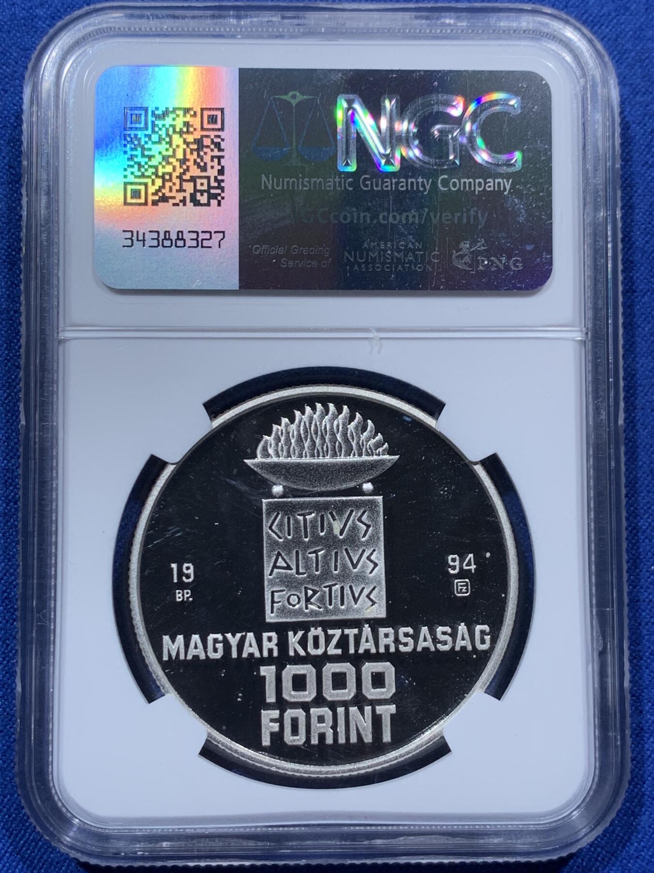 《竞宝斋》第373场 周日，周一，周二 3场连拍 （全场包邮） NGC PF68UC 匈牙利1994BP亚特兰大奥运会游泳1000弗林特精制银币，季军分，更高分仅有4枚