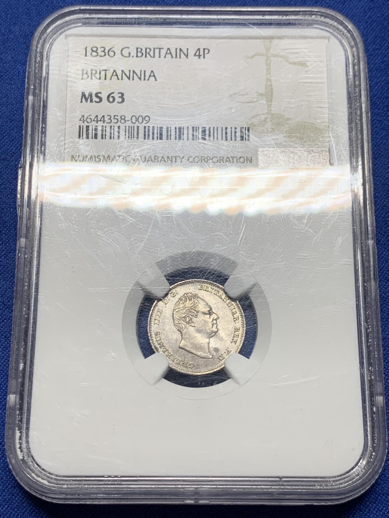 《竞宝斋》第373场 周日，周一，周二 3场连拍 （全场包邮） NGC MS63 英国1836年威廉四世4便士银币