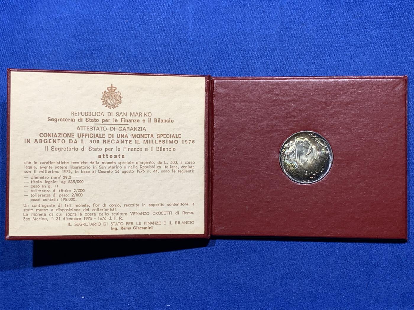 《竞宝斋》第373场 周日，周一，周二 3场连拍 （全场包邮） 卡装 1976年圣马力诺20年的社会保障500里拉银币