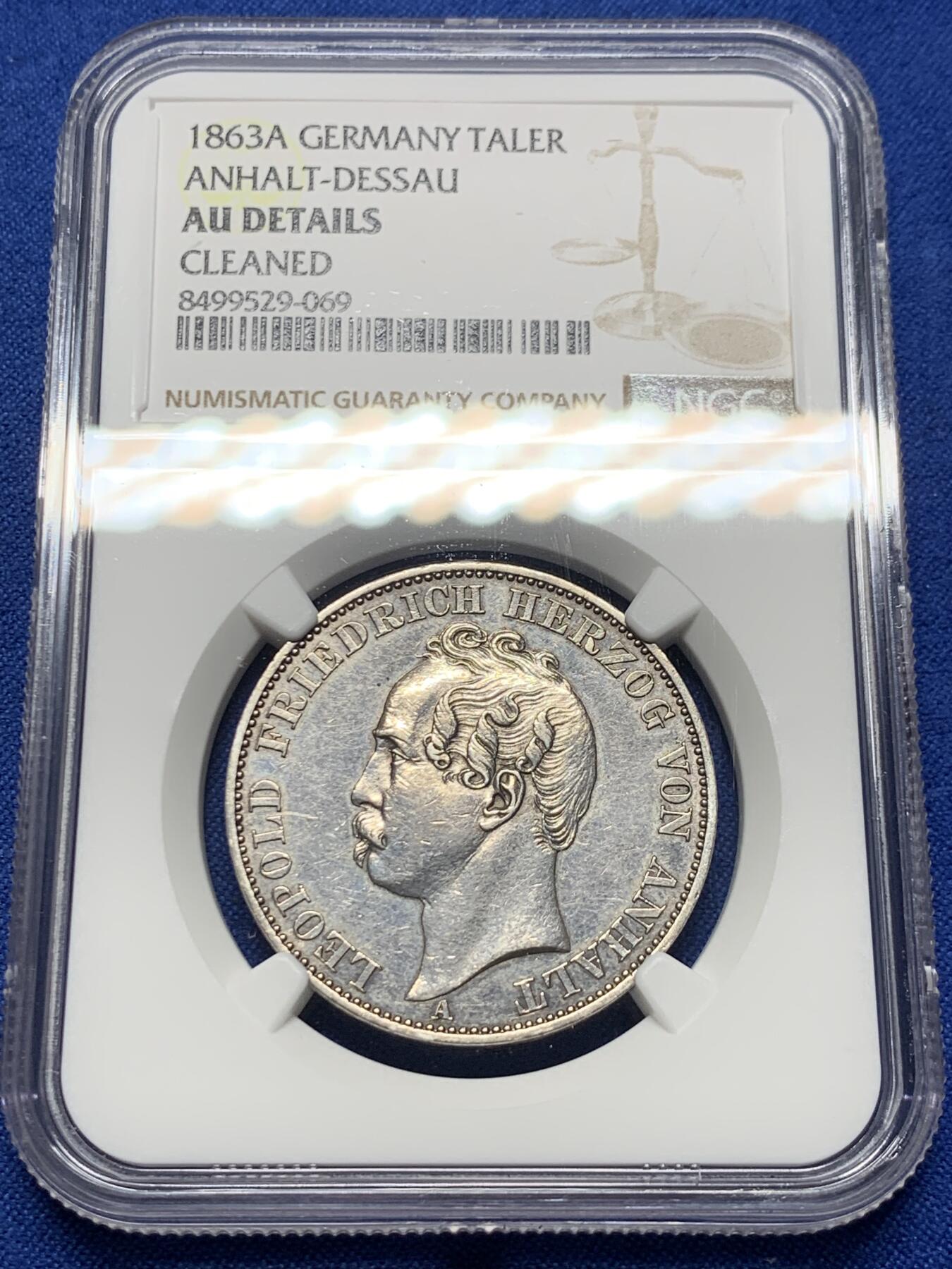 《竞宝斋》第373场 周日，周一，周二 3场连拍 （全场包邮） NGC AUD 德国1863年安哈特-德绍1泰勒银币 铸造用于庆祝安哈特公国重新联合