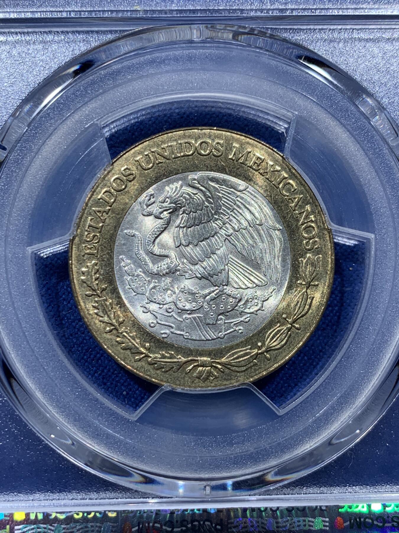 《竞宝斋》第373场 周日，周一，周二 3场连拍 （全场包邮） PCGS MS65 墨西哥1993年10比索铜银双色币，银芯925高银，好品很少见，此分数适合收藏！