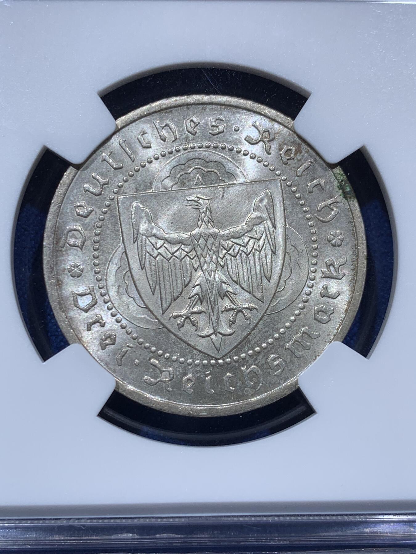 《竞宝斋》第373场 周日，周一，周二 3场连拍 （全场包邮） NGC MS64 德国1930A游吟诗人3马克银币