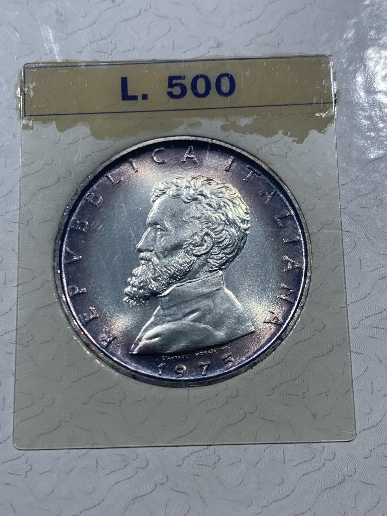 《竞宝斋》第373场 周日，周一，周二 3场连拍 （全场包邮） 卡装 意大利1975年米开朗基罗500里拉银币