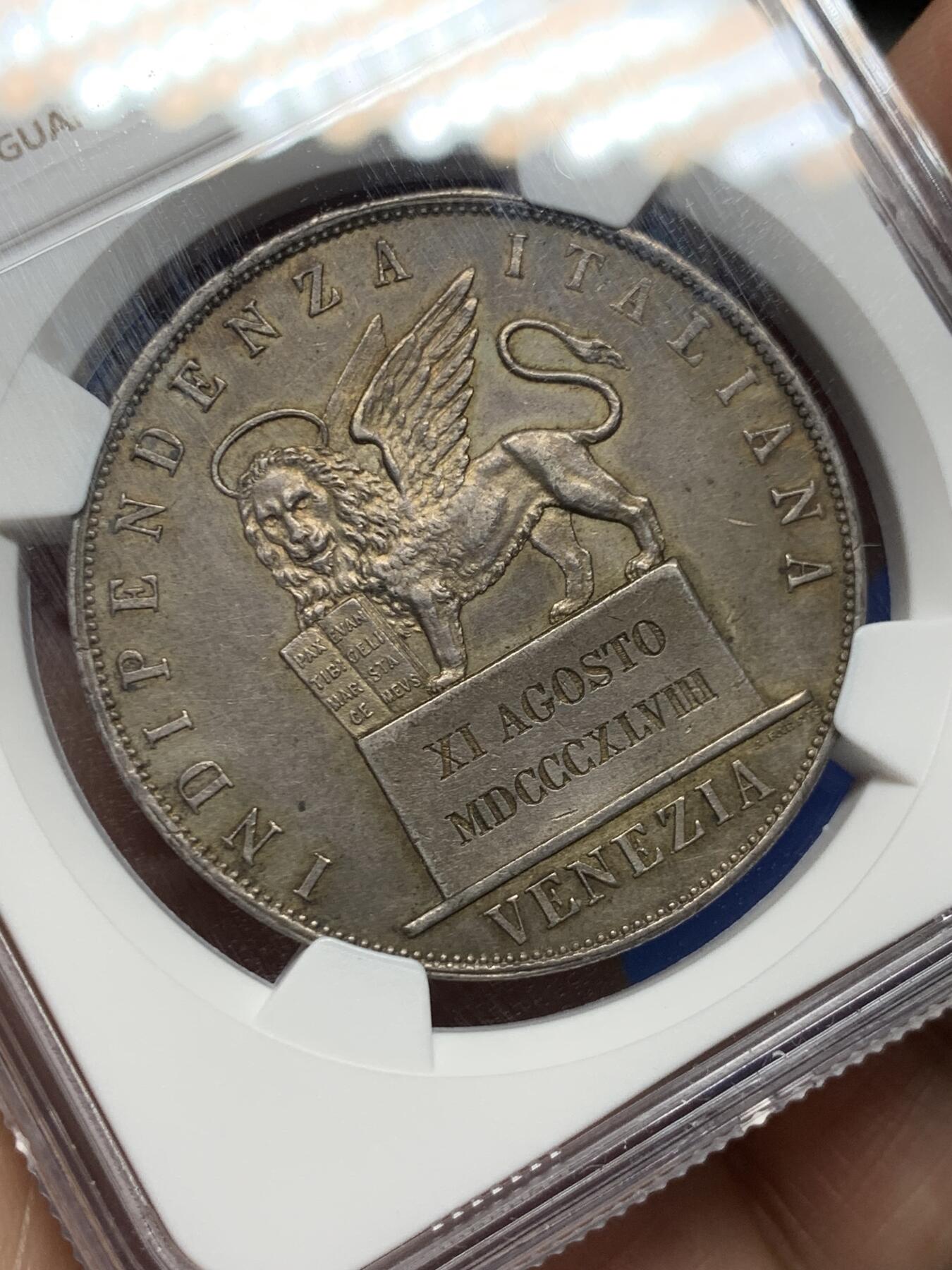 《竞宝斋》第373场 周日，周一，周二 3场连拍 （全场包邮） NGC UNC  意大利 1848年 威尼斯革命临时政府飞狮5里拉 大银币 1.1W枚的发行量 小狮子版本少见