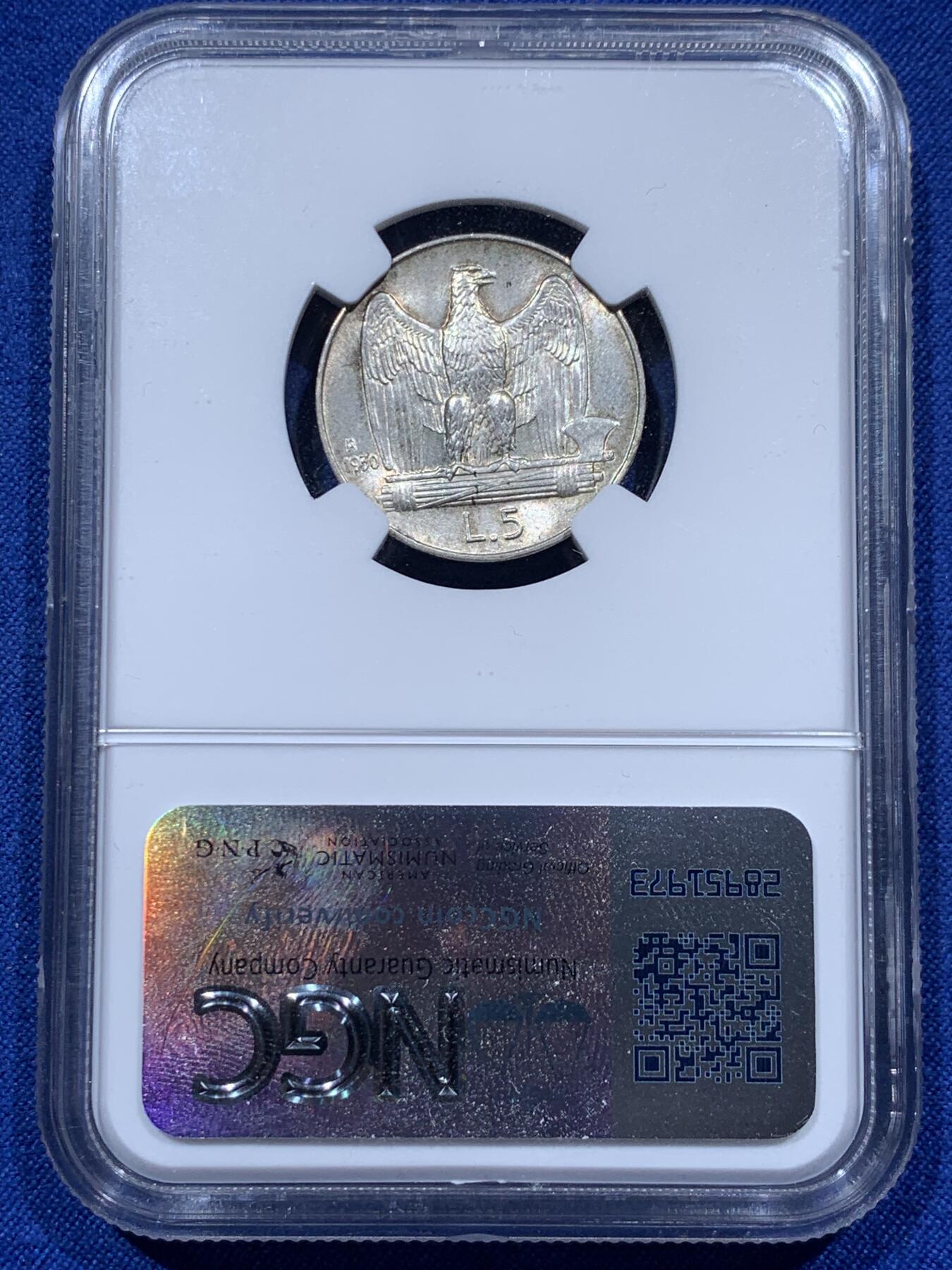 《竞宝斋》第373场 周日，周一，周二 3场连拍 （全场包邮） NGC MS64 意大利1930年埃曼纽尔三世5里拉银币，带漂亮环五彩，光度极佳，好状态。