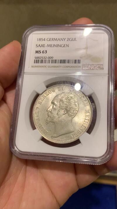 《竞宝斋》第373场 周日，周一，周二 3场连拍 （全场包邮） NGC MS63 德国1854年萨克森梅宁根2盾银币！单一年份，少见好品，原汁原味！