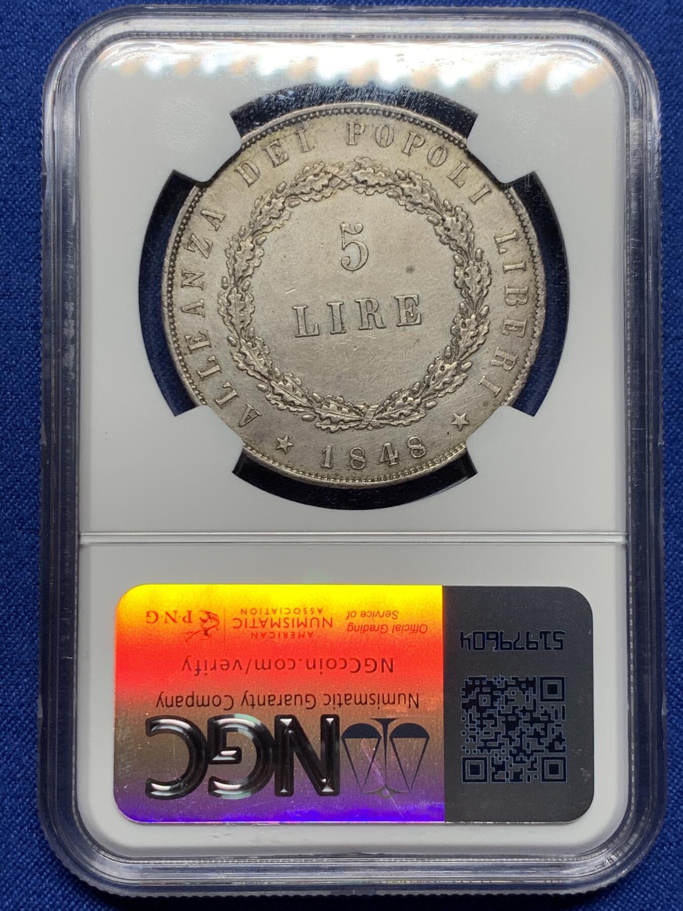 《竞宝斋》第373场 周日，周一，周二 3场连拍 （全场包邮） NGC UNC  意大利 1848年 威尼斯革命临时政府飞狮5里拉 大银币 1.1W枚的发行量 小狮子版本少见