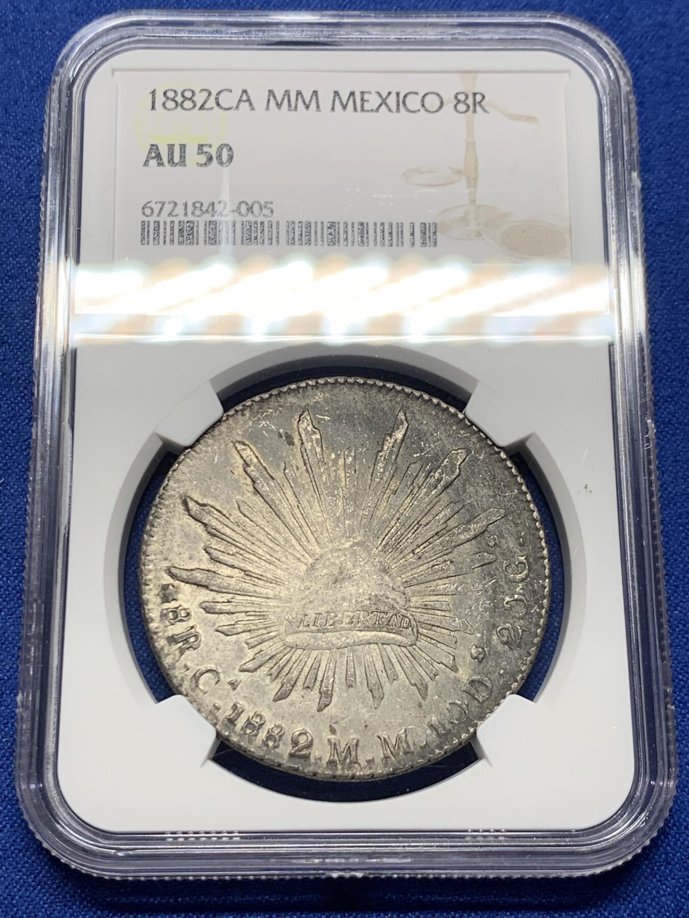 《竞宝斋》第373场 周日，周一，周二 3场连拍 （全场包邮） NGC AU50 墨西哥 1882 CA MM 鹰洋 8里亚尔 银币