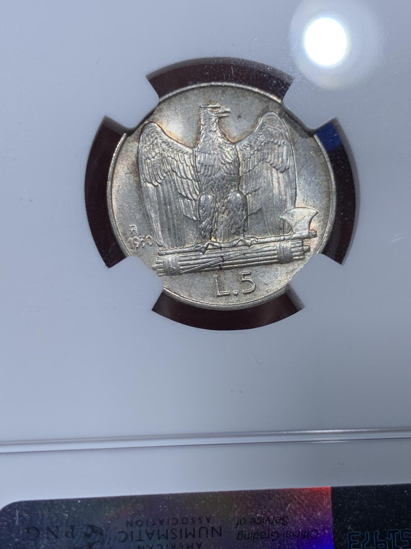 《竞宝斋》第373场 周日，周一，周二 3场连拍 （全场包邮） NGC MS64 意大利1930年埃曼纽尔三世5里拉银币，带漂亮环五彩，光度极佳，好状态。