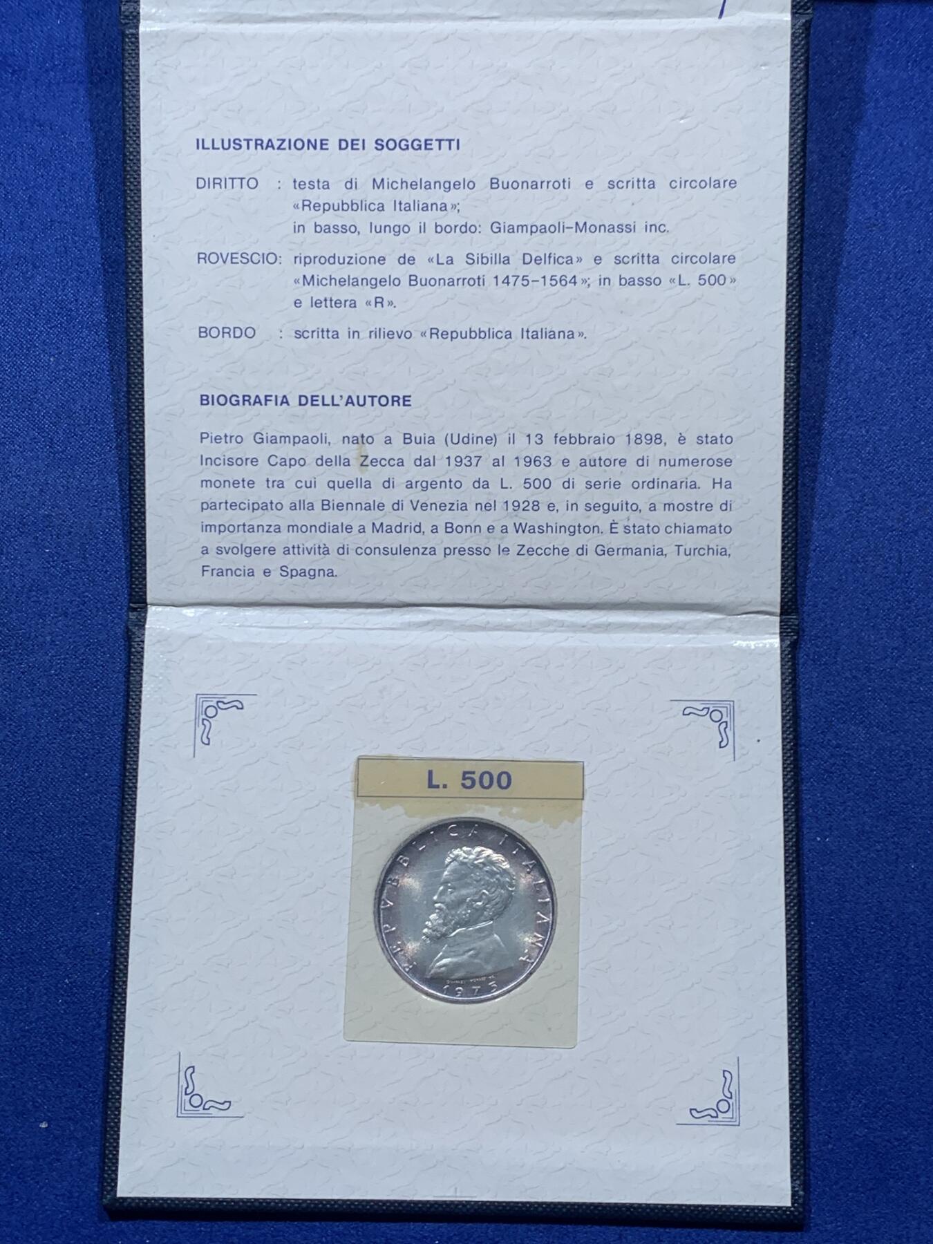 《竞宝斋》第373场 周日，周一，周二 3场连拍 （全场包邮） 卡装 意大利1975年米开朗基罗500里拉银币