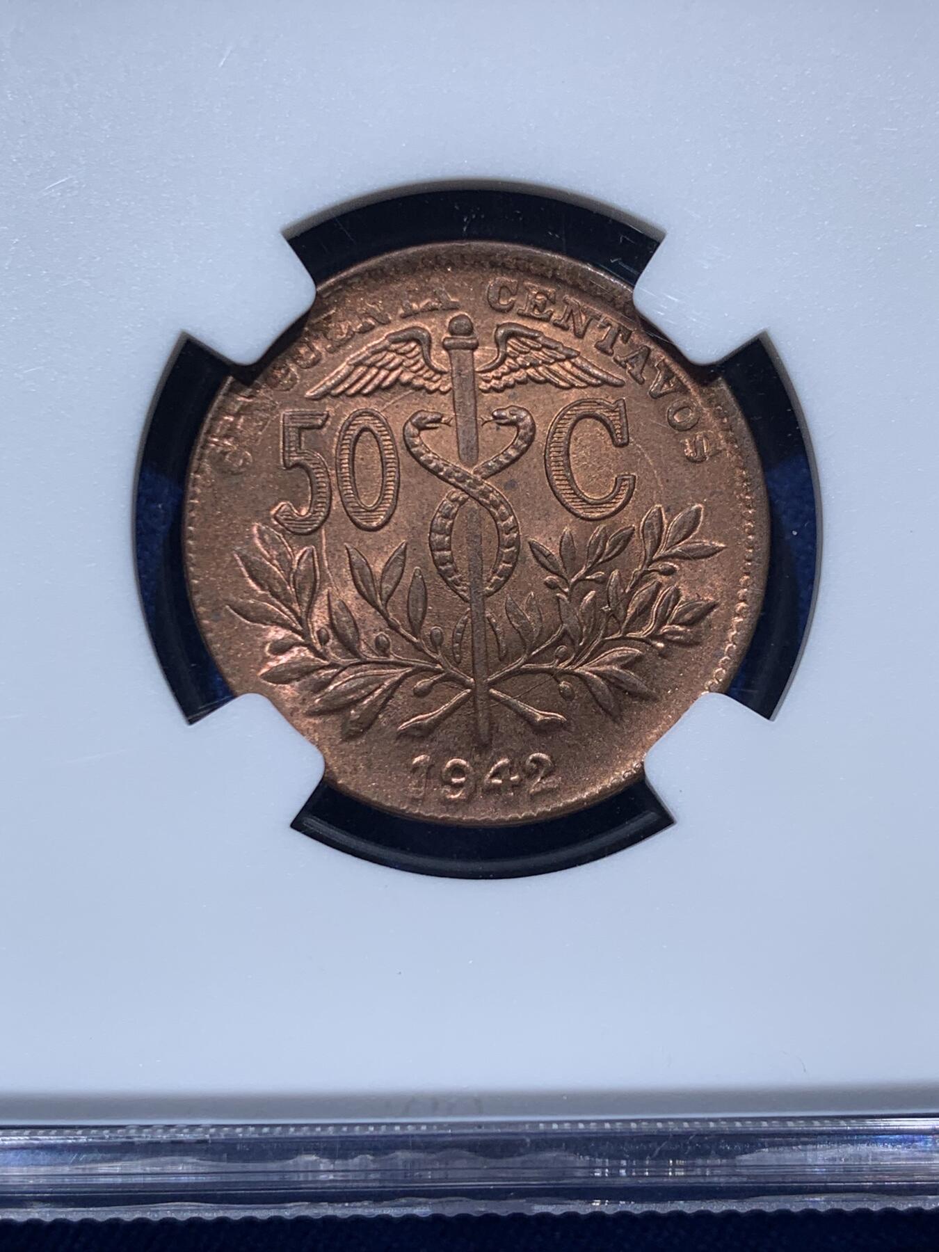 《竞宝斋》第373场 周日，周一，周二 3场连拍 （全场包邮） NGC MS65RB 1942玻利维亚50分铜币，亚军分，可藏分数