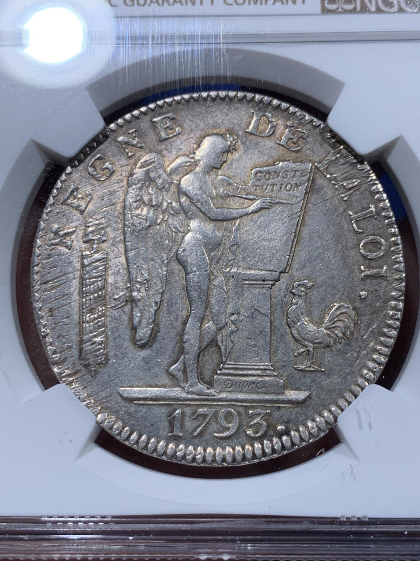 《竞宝斋》第373场 周日，周一，周二 3场连拍 （全场包邮） 热门品种 NGC UNC  法国 1793D版 天使埃居 国民公会时期6里弗尔大银币 打制规整 非常少的版别