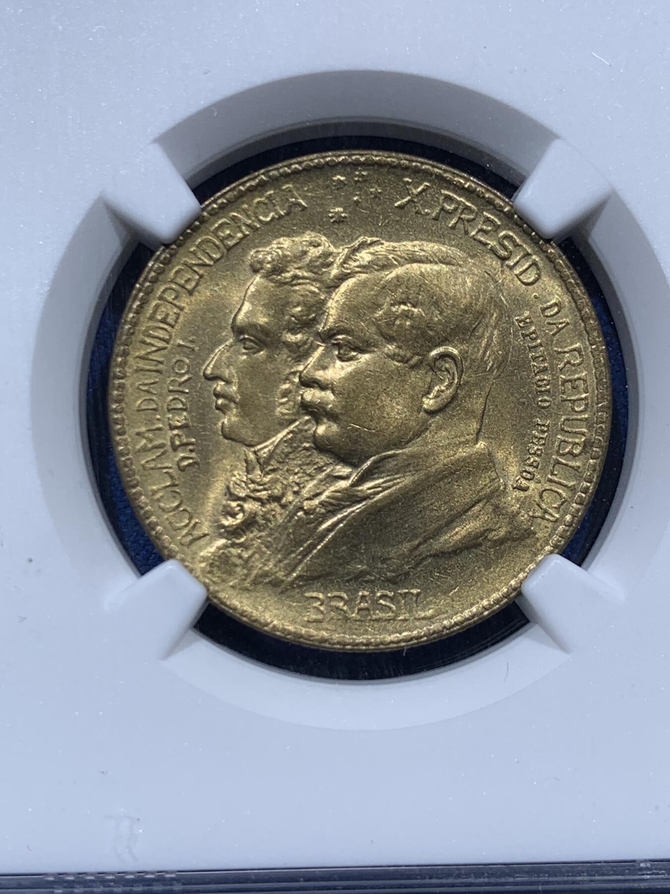 《竞宝斋》第373场 周日，周一，周二 3场连拍 （全场包邮） NGC MS65 巴西1922年1000瑞斯铜币，巴西独立百年纪念币，已属难得高分