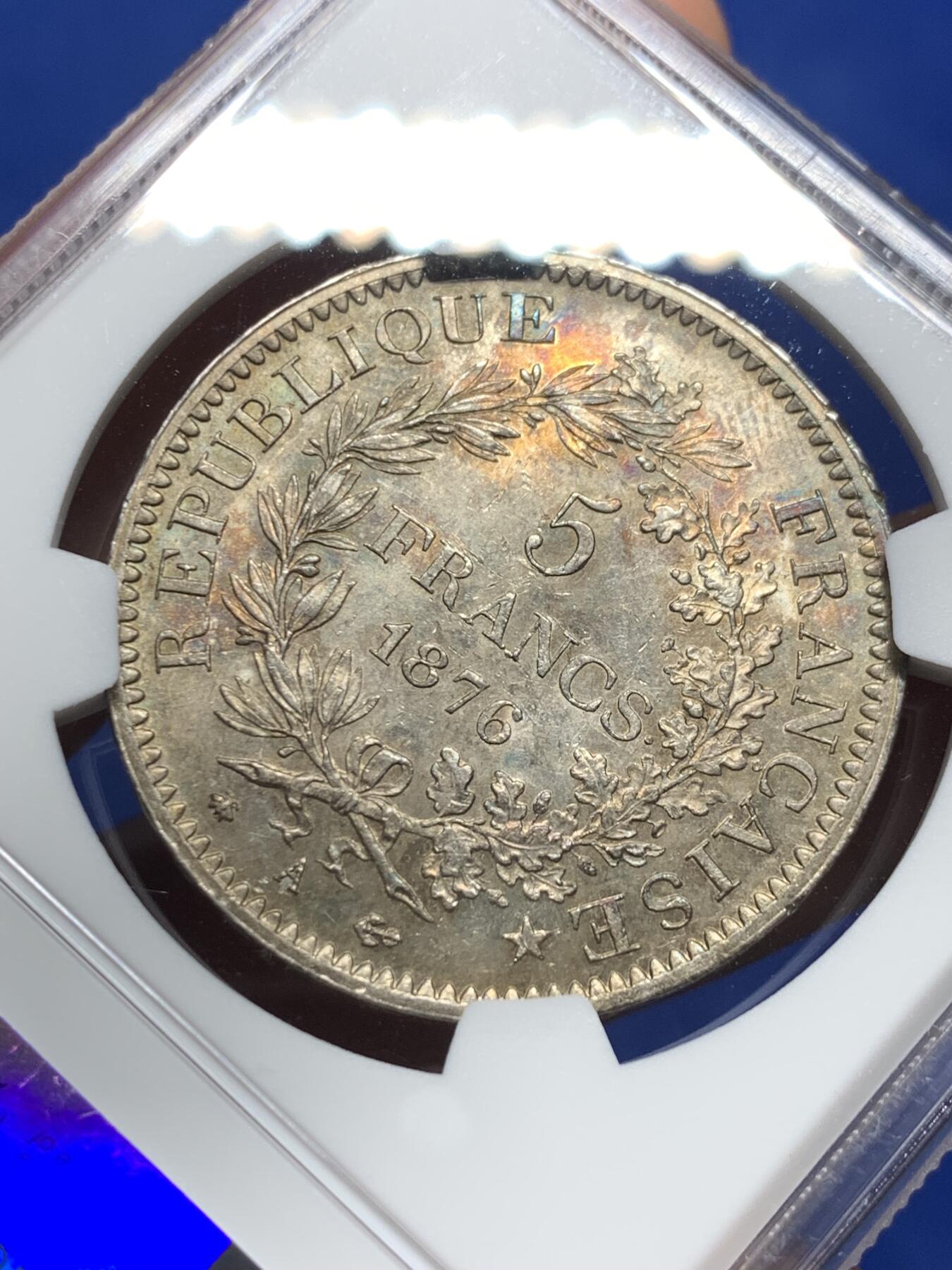 《竞宝斋》第373场 周日，周一，周二 3场连拍 （全场包邮） NGC MS61 法国1876年大力神5法郎银币 深酱彩包浆