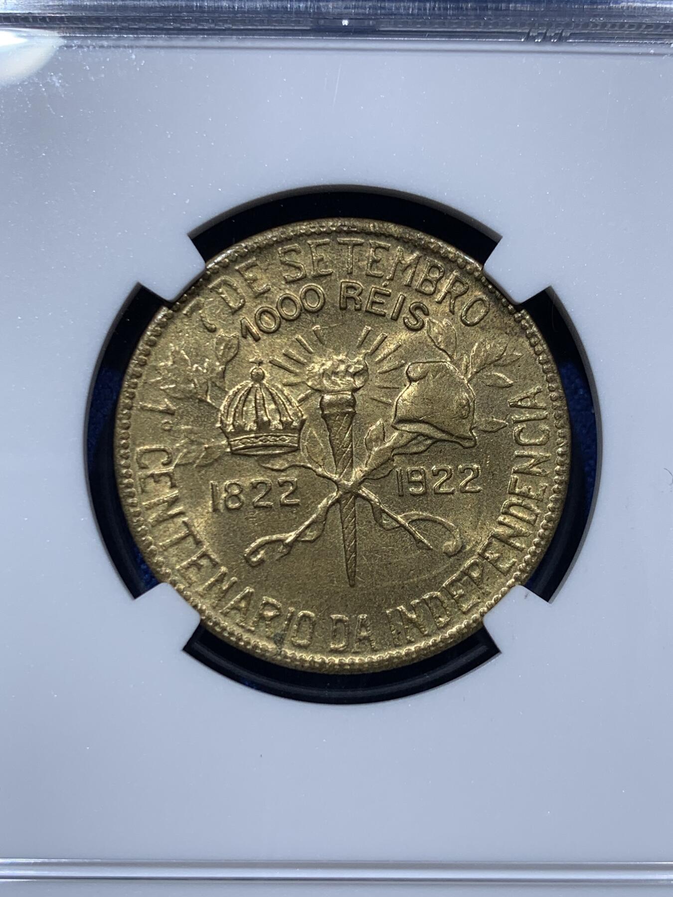 《竞宝斋》第373场 周日，周一，周二 3场连拍 （全场包邮） NGC MS65 巴西1922年1000瑞斯铜币，巴西独立百年纪念币，已属难得高分