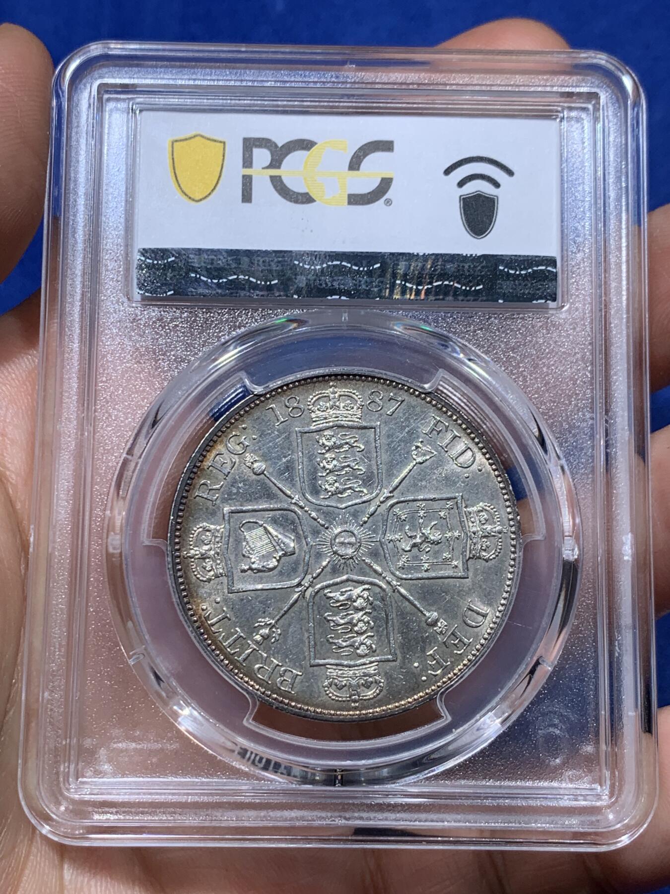 《竞宝斋》第373场 周日，周一，周二 3场连拍 （全场包邮） PCGS AU58 英国1887维多利亚高冠 双福林(4先令)银币 PL感非常明显 底板可照