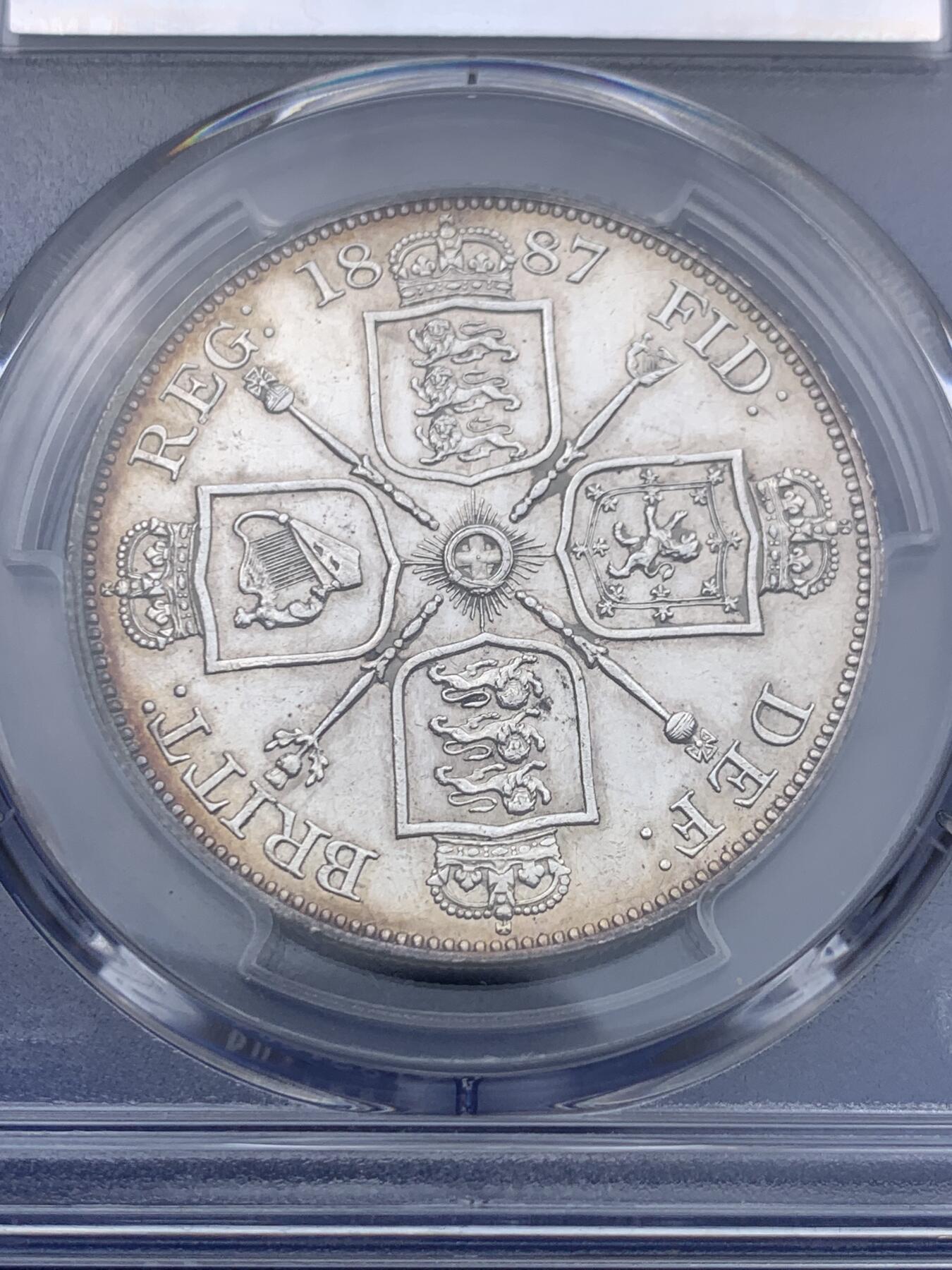 《竞宝斋》第373场 周日，周一，周二 3场连拍 （全场包邮） PCGS AU58 英国1887维多利亚高冠 双福林(4先令)银币 PL感非常明显 底板可照