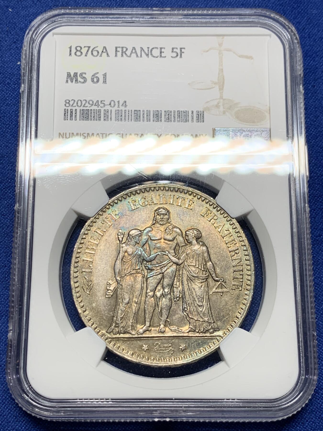 《竞宝斋》第373场 周日，周一，周二 3场连拍 （全场包邮） NGC MS61 法国1876年大力神5法郎银币 深酱彩包浆
