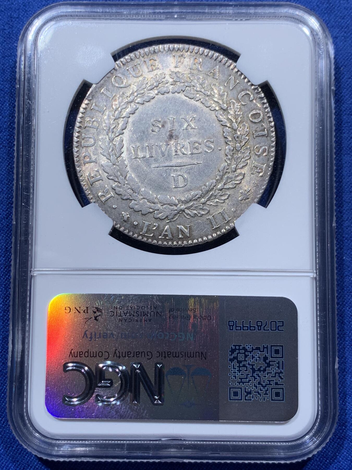 《竞宝斋》第373场 周日，周一，周二 3场连拍 （全场包邮） 热门品种 NGC UNC  法国 1793D版 天使埃居 国民公会时期6里弗尔大银币 打制规整 非常少的版别