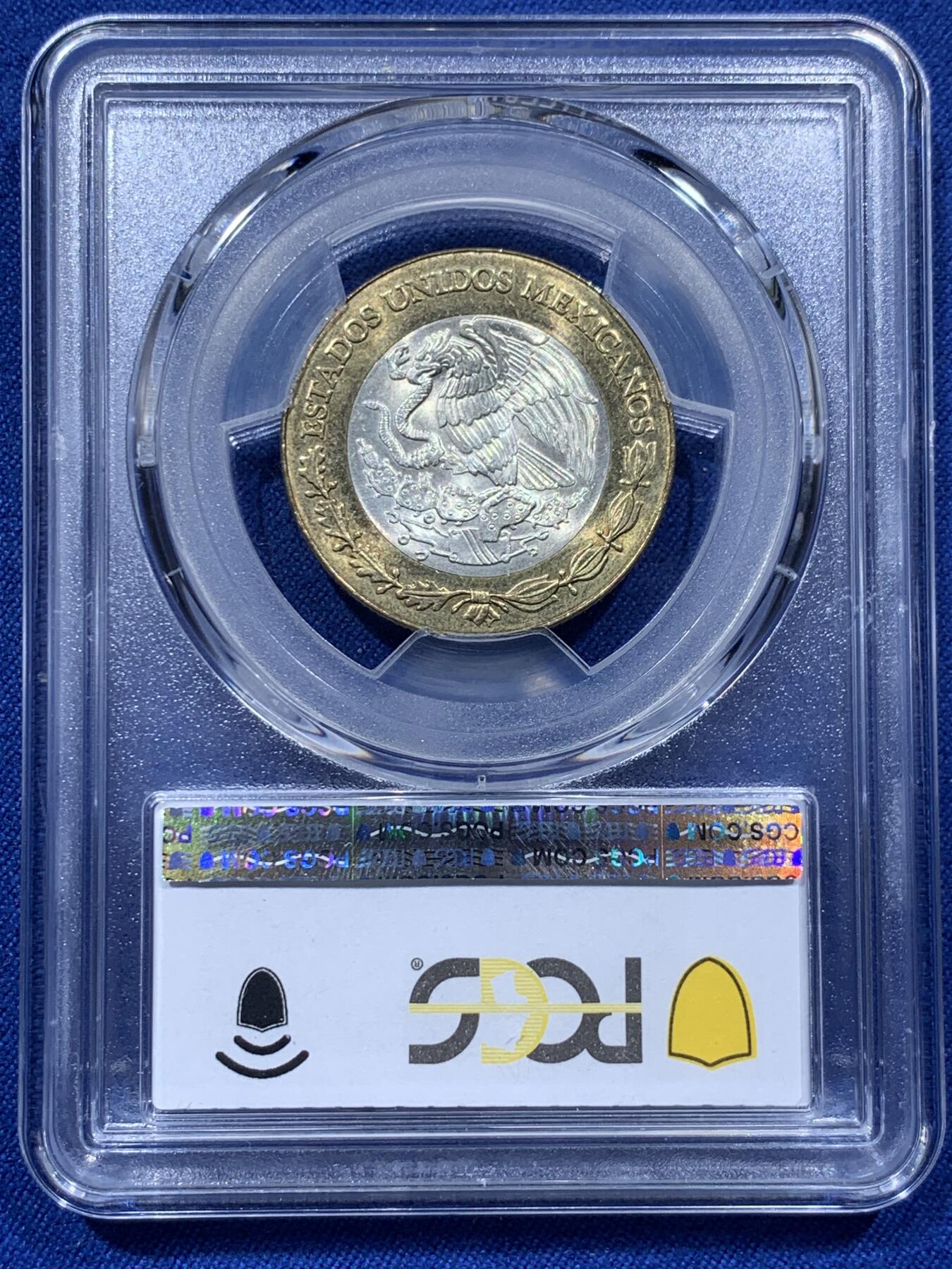 《竞宝斋》第373场 周日，周一，周二 3场连拍 （全场包邮） PCGS MS65 墨西哥1993年10比索铜银双色币，银芯925高银，好品很少见，此分数适合收藏！