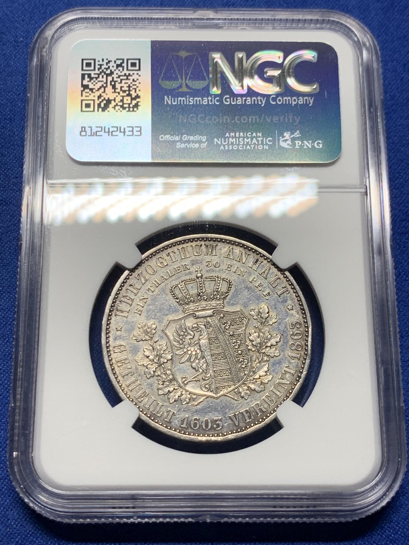 《竞宝斋》第373场 周日，周一，周二 3场连拍 （全场包邮） NGC AUD 德国1863年安哈特-德绍1泰勒银币 铸造用于庆祝安哈特公国重新联合