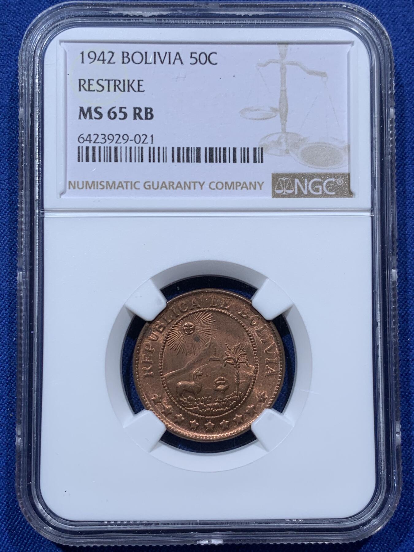 《竞宝斋》第373场 周日，周一，周二 3场连拍 （全场包邮） NGC MS65RB 1942玻利维亚50分铜币，亚军分，可藏分数