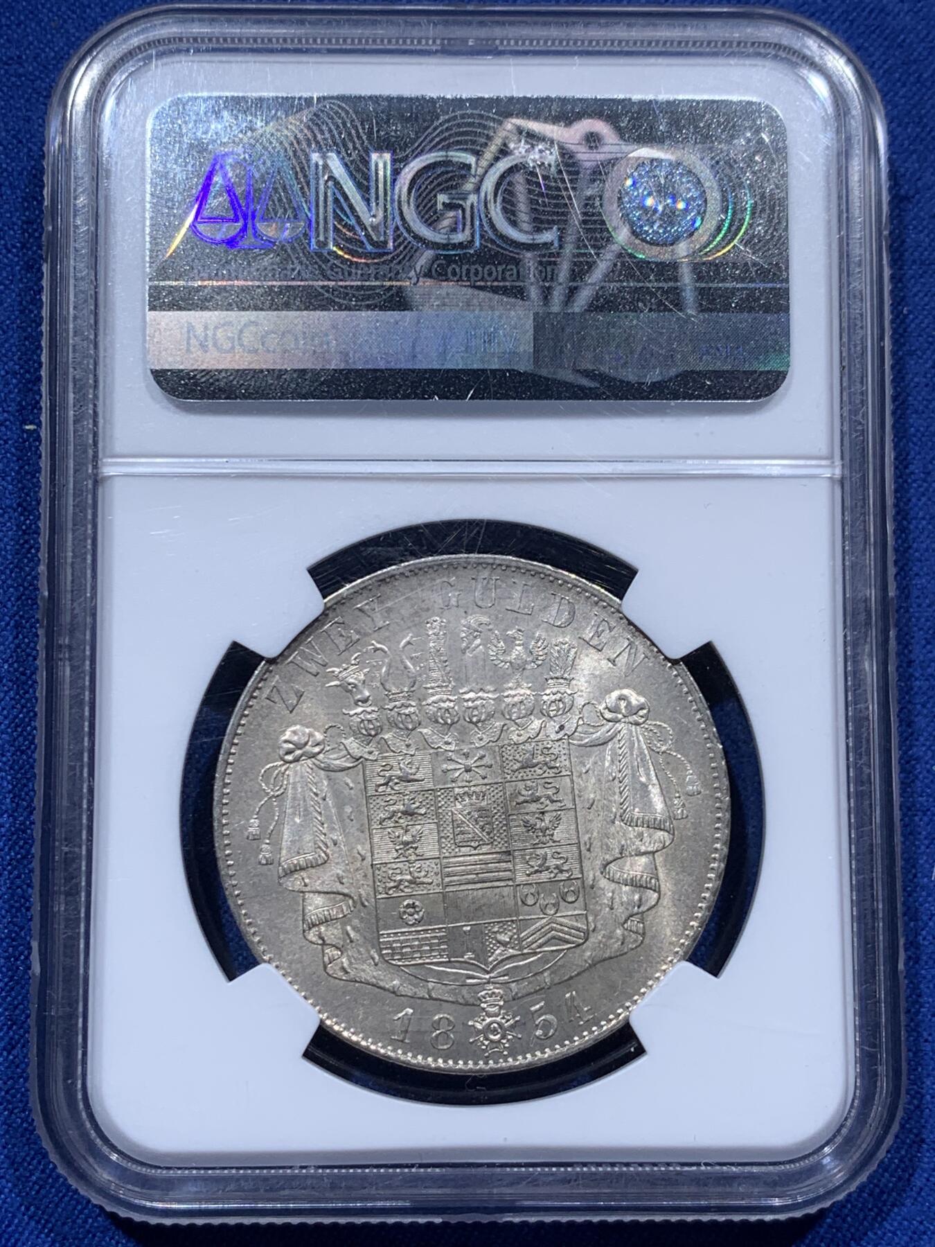 《竞宝斋》第373场 周日，周一，周二 3场连拍 （全场包邮） NGC MS63 德国1854年萨克森梅宁根2盾银币！单一年份，少见好品，原汁原味！