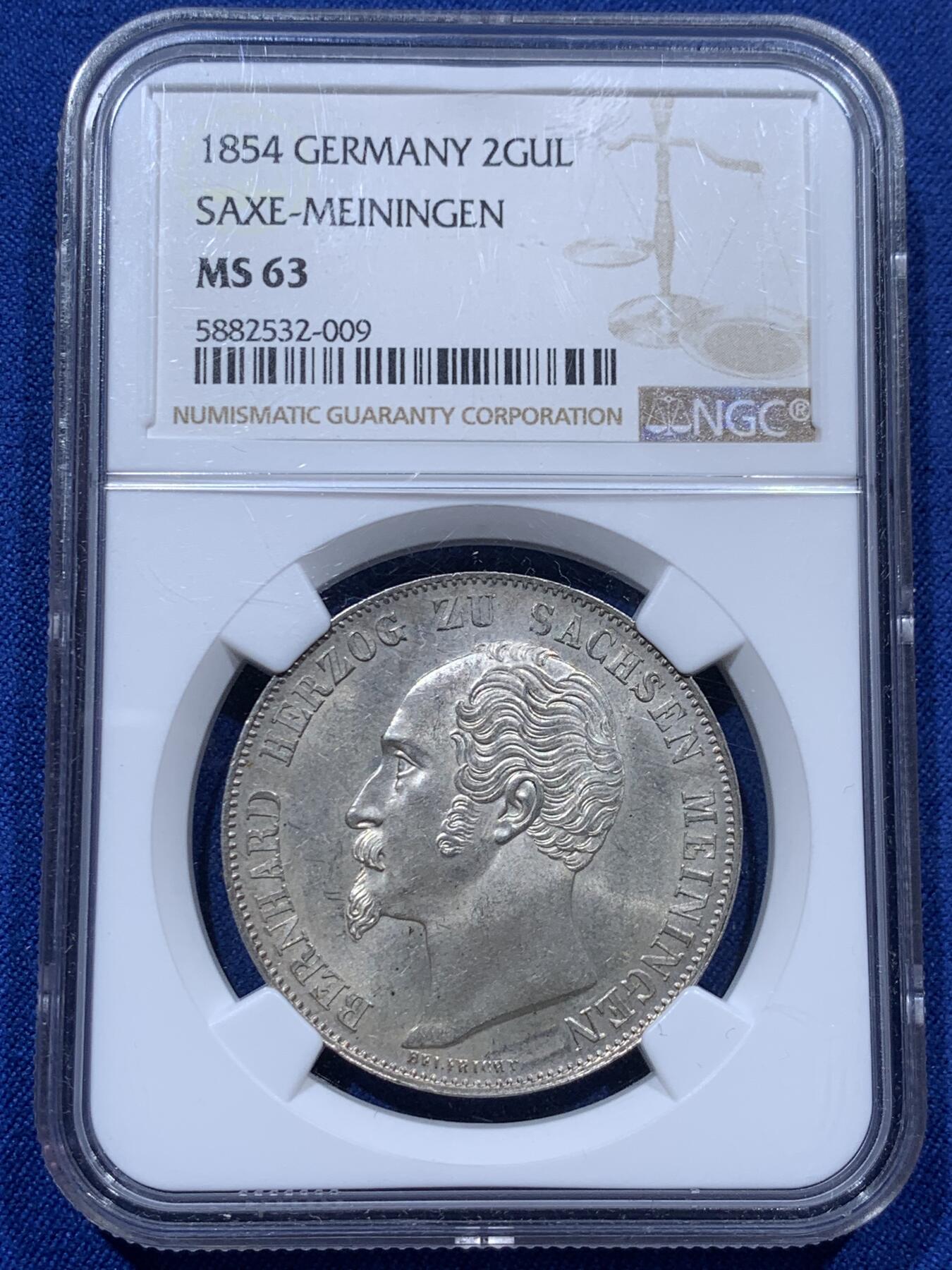 《竞宝斋》第373场 周日，周一，周二 3场连拍 （全场包邮） NGC MS63 德国1854年萨克森梅宁根2盾银币！单一年份，少见好品，原汁原味！