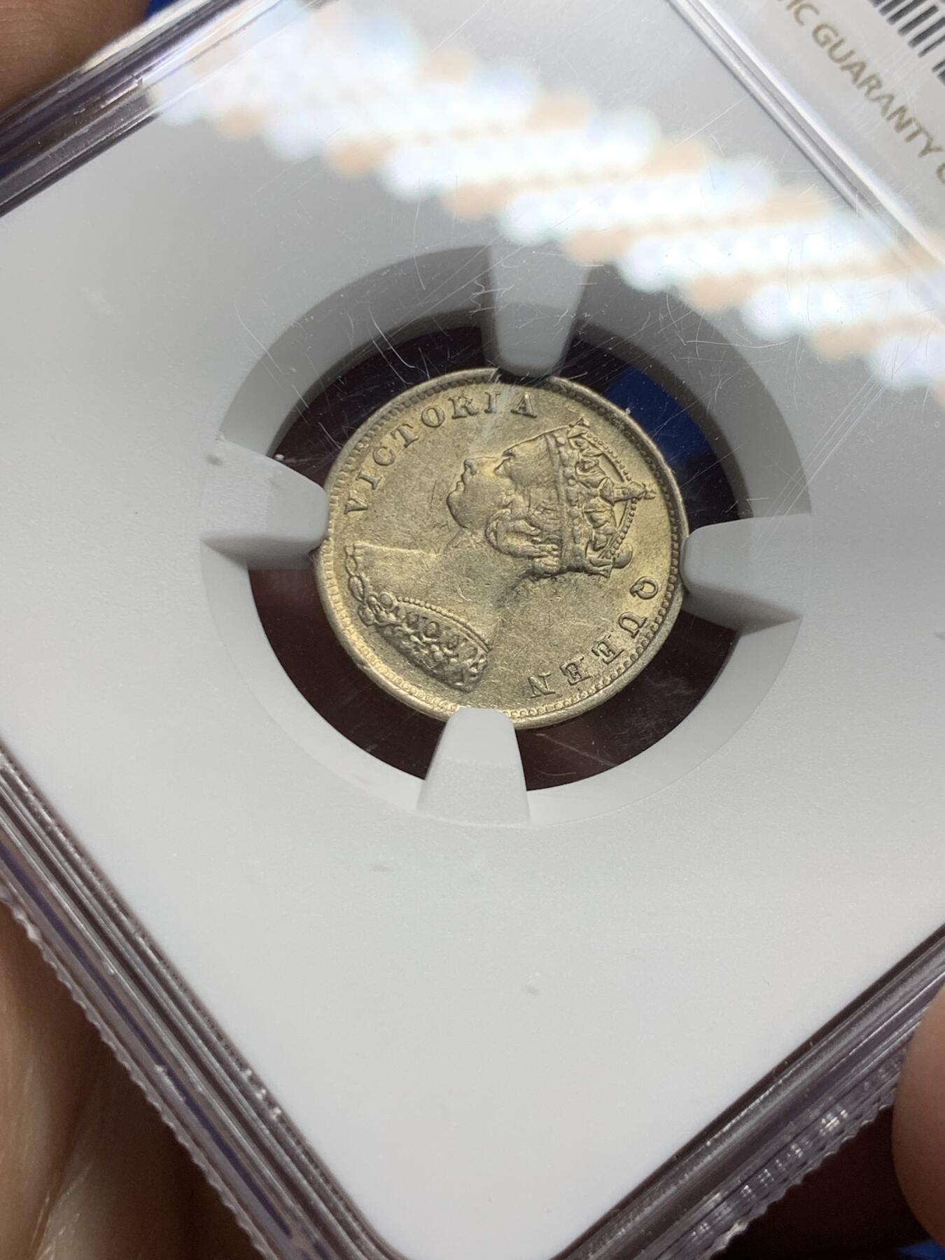 《竞宝斋》第373场 周日，周一，周二 3场连拍 （全场包邮） NGC AU50 香港 1901年 一毫 维多利亚 银币 原光币(小黄油光）