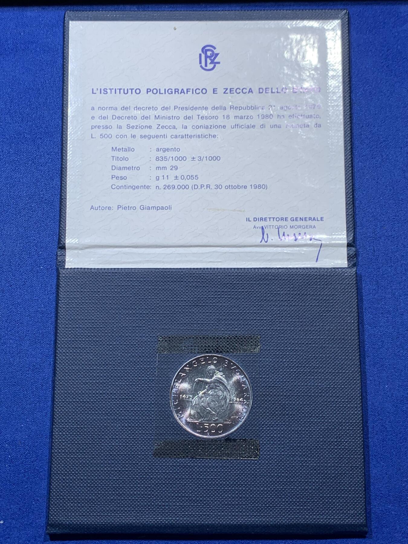 《竞宝斋》第373场 周日，周一，周二 3场连拍 （全场包邮） 卡装 意大利1975年米开朗基罗500里拉银币