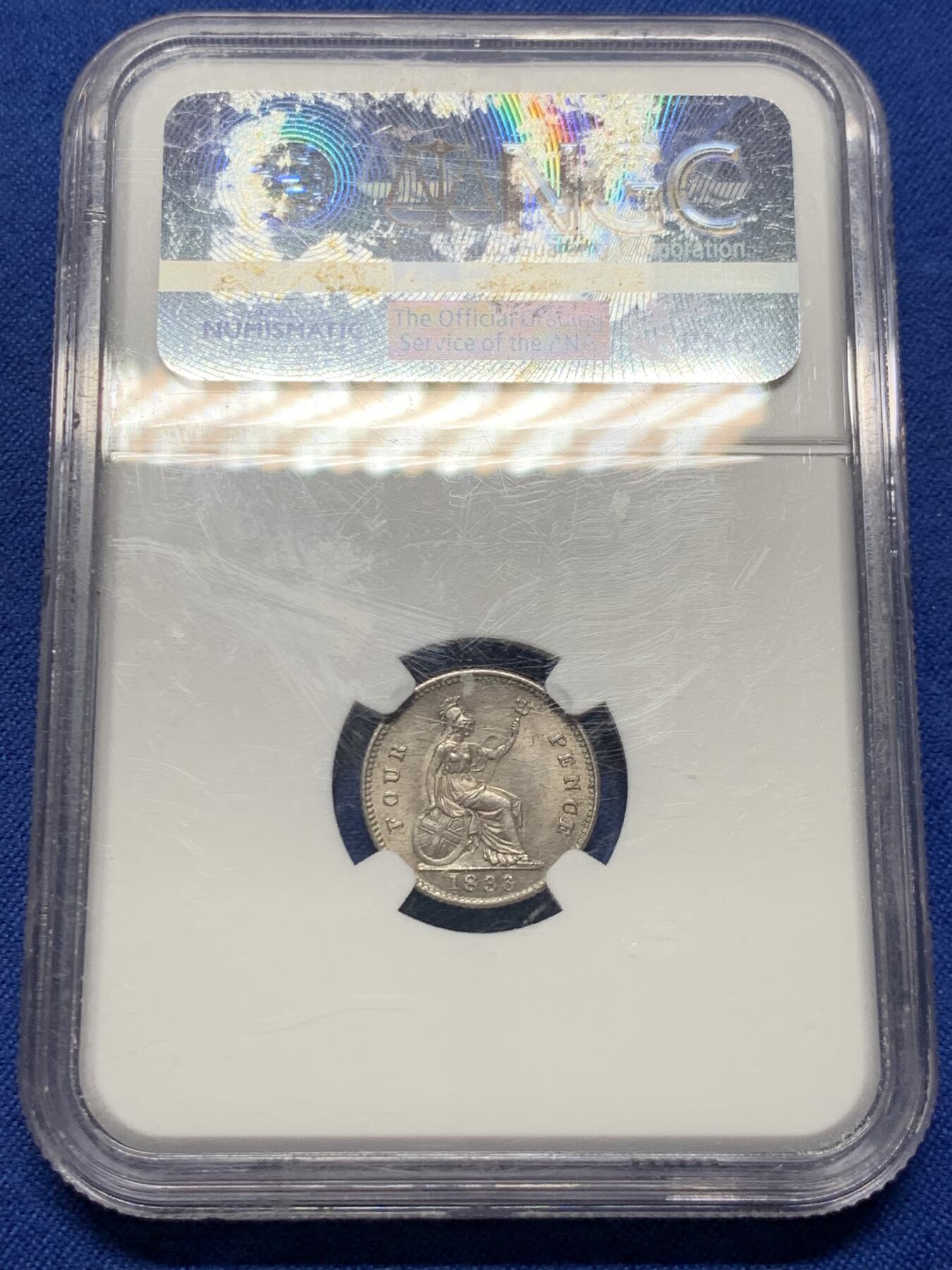 《竞宝斋》第373场 周日，周一，周二 3场连拍 （全场包邮） NGC MS63 英国1836年威廉四世4便士银币