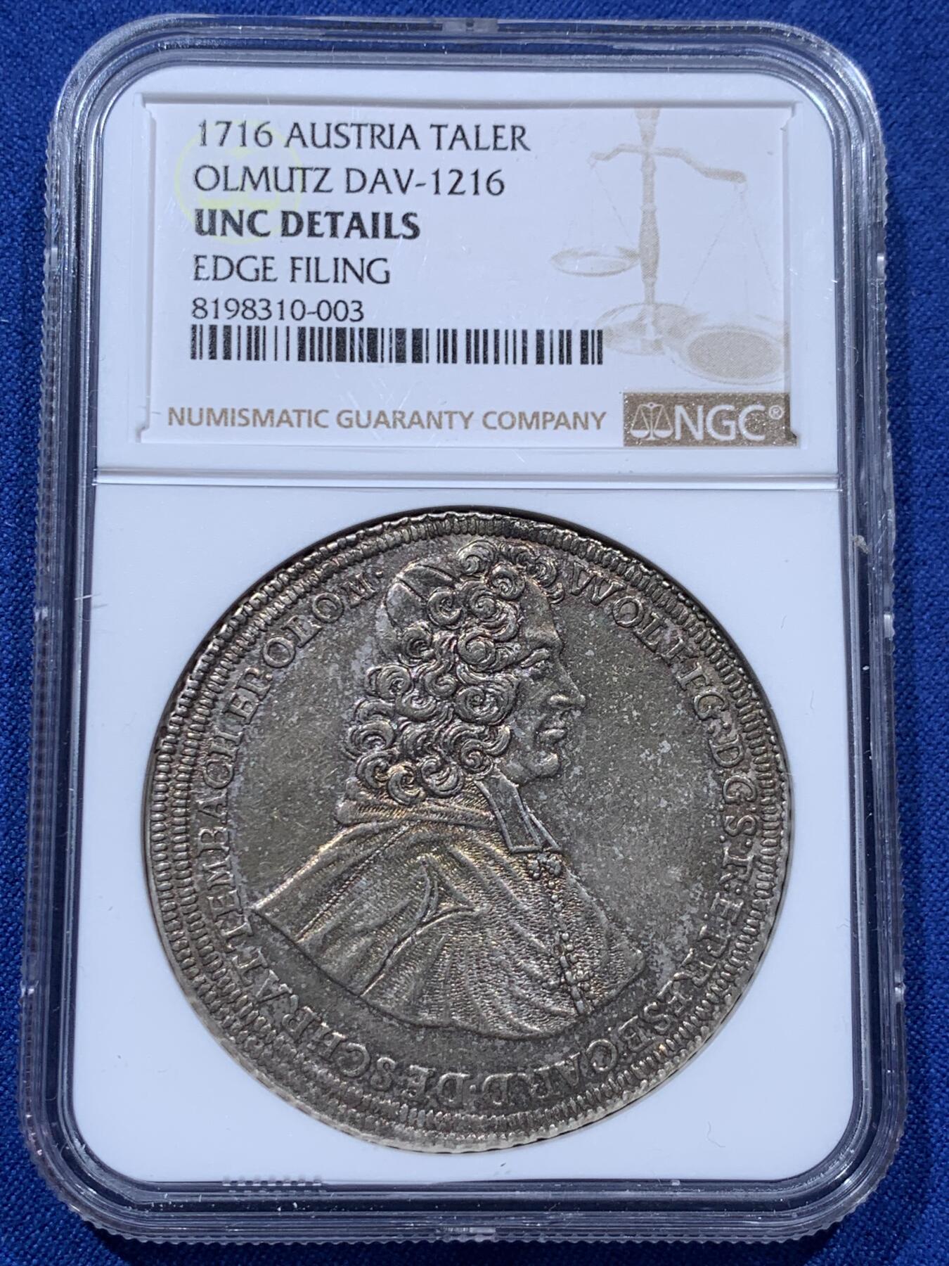 《竞宝斋》第373场 周日，周一，周二 3场连拍 （全场包邮） NGC UNC 神圣罗马帝国波西米亚王国奥尔穆茨主教区1716年泰勒大银币 币面打制清晰，高点具在，黑五彩包浆，单一年份  这个头像还是首见